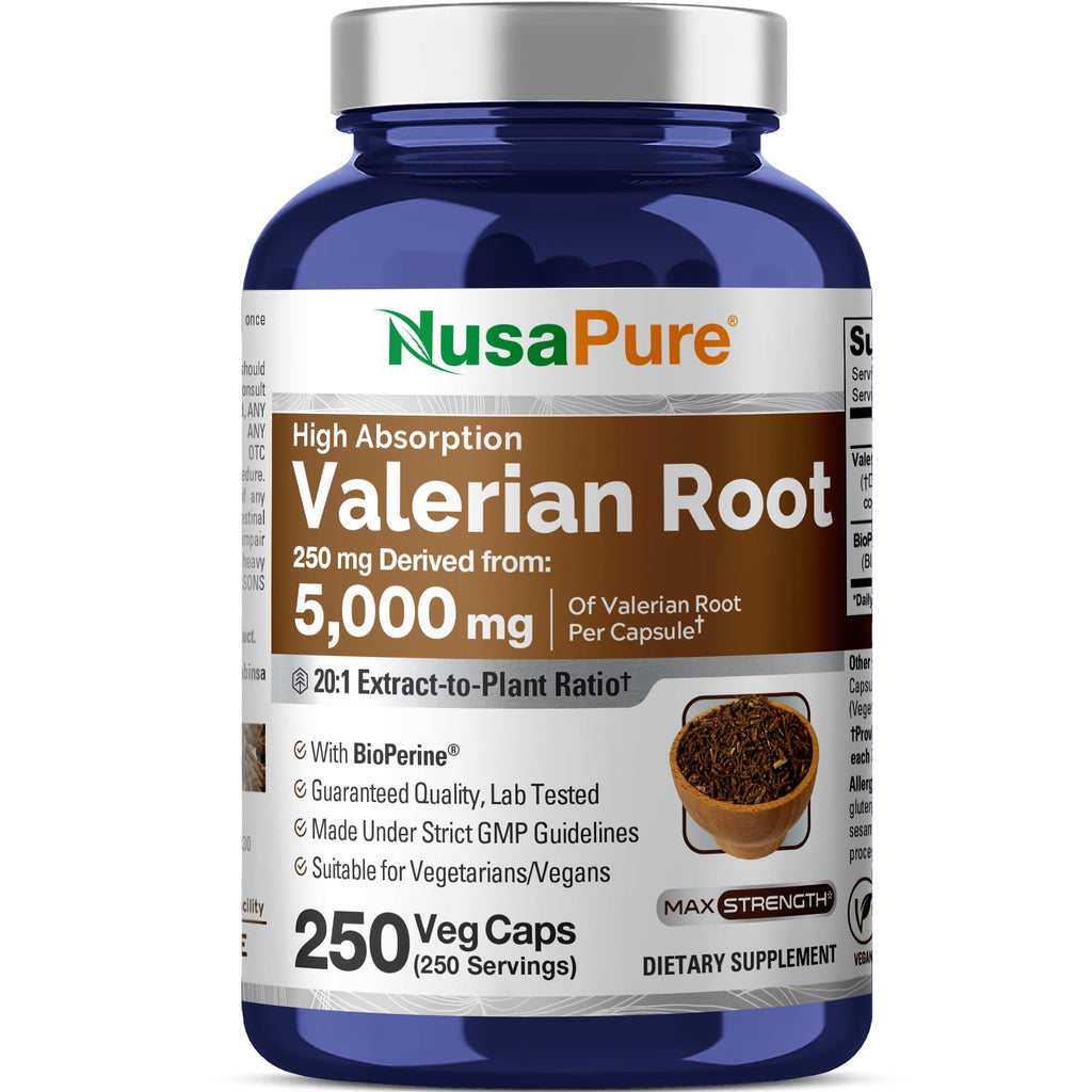 NusaPure Valerian Root 20:1 Extract, 250 mg Equivalent to 5000mg Per Veggie Caps, 250 Count, Vegan, Non-GMO, Bioperine NusaPure Au supplements
