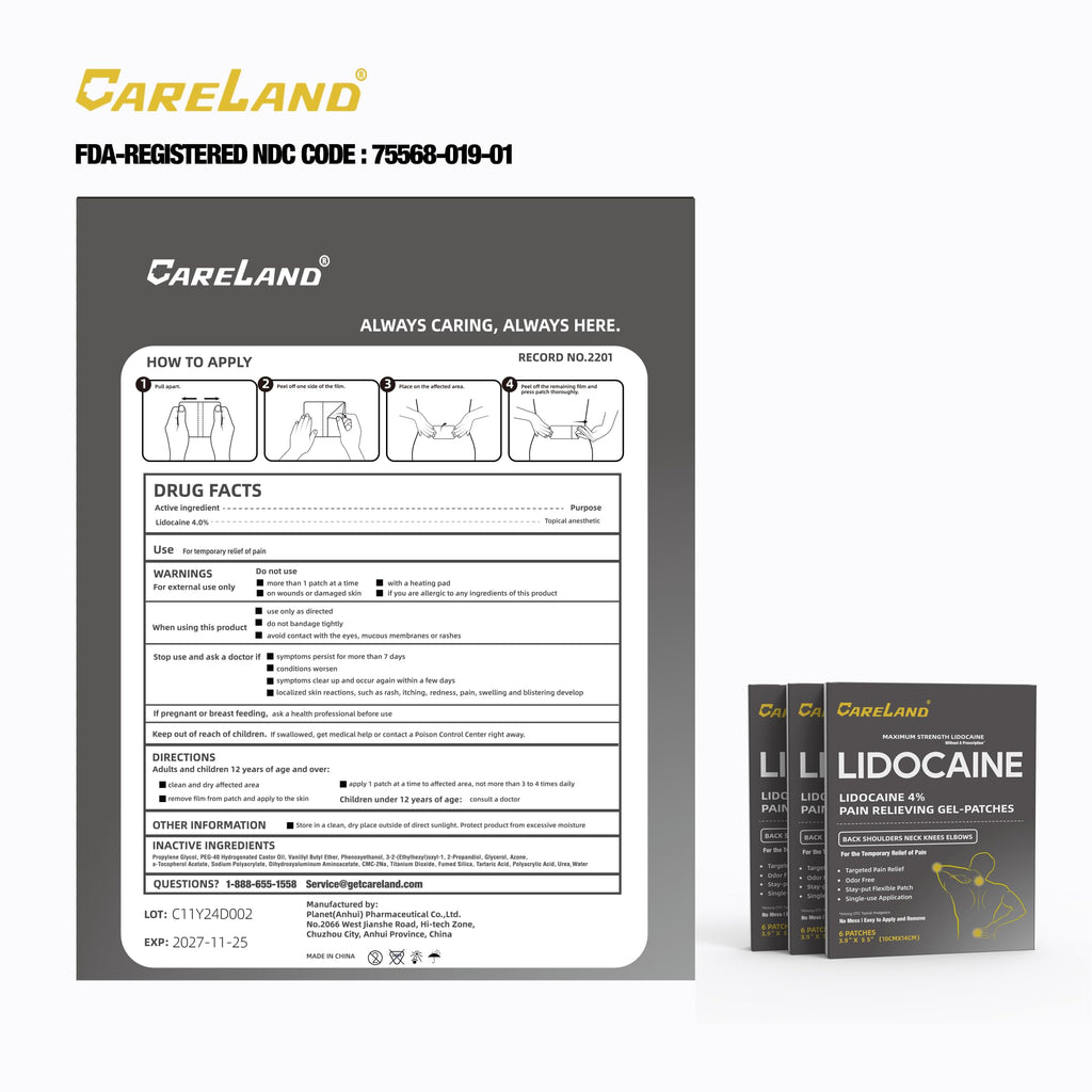 CARELAND Lidocaine Gel Patch, 18 Count Maximum Strength Pain Patches for Muscle Relief in Neck Knee Back and Shoulders Unscented Numbing Patch for Soothing Nerves, Joints CARELAND Au supplements