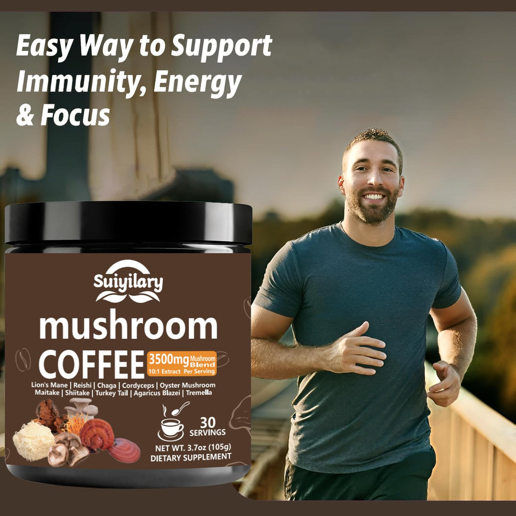 Suiyilary 10 Mushroom Coffee with Arabica w, Lion's Mane, Reishi, Mushroom Polysaccharides & More, Instant Mushrooms Powder for Focus, Immunity Boost,