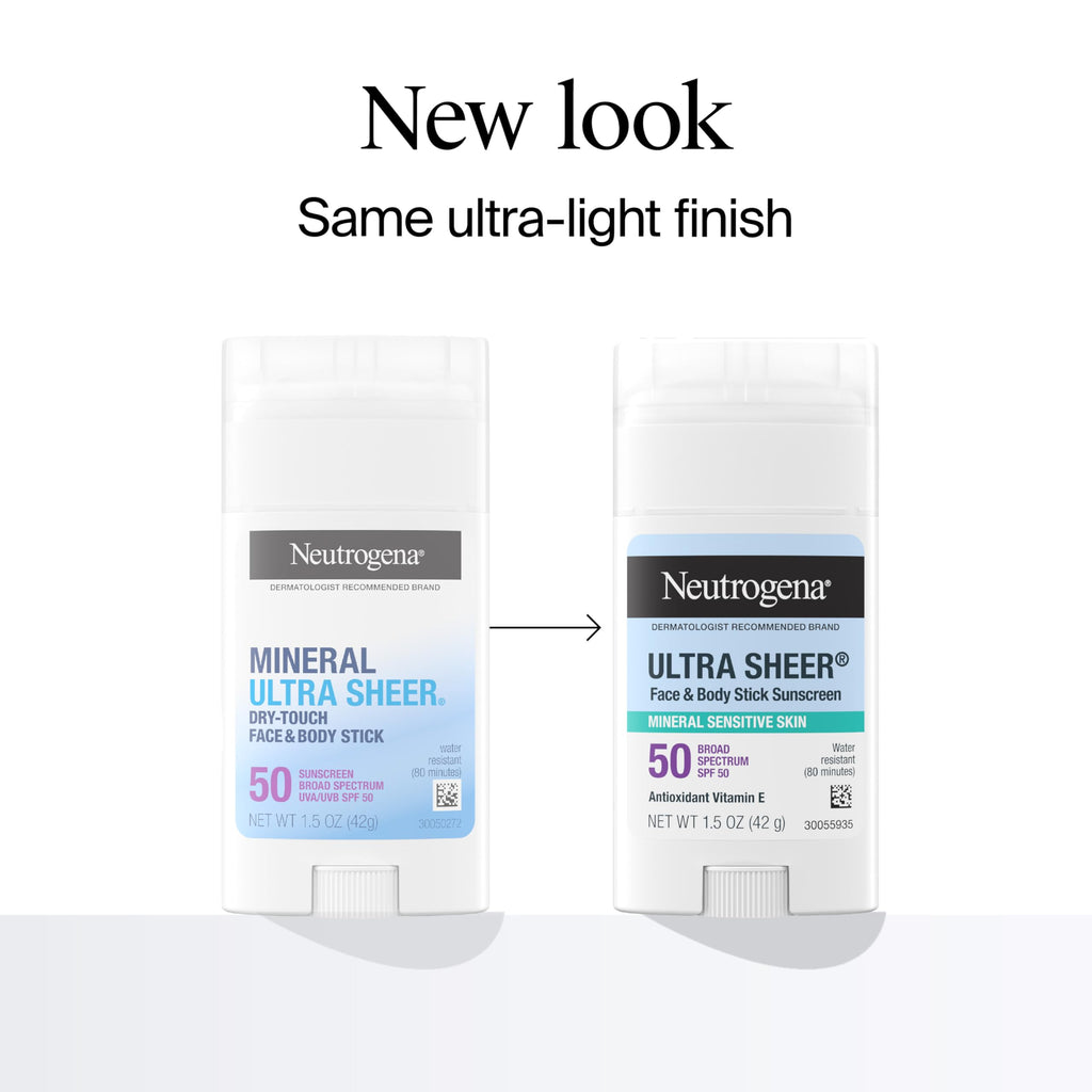 Neutrogena Ultra Sheer Dry Touch SPF 50 Mineral Sunscreen Stick for Sensitive Skin, Zinc Oxide, Body & Face Sunscreen
