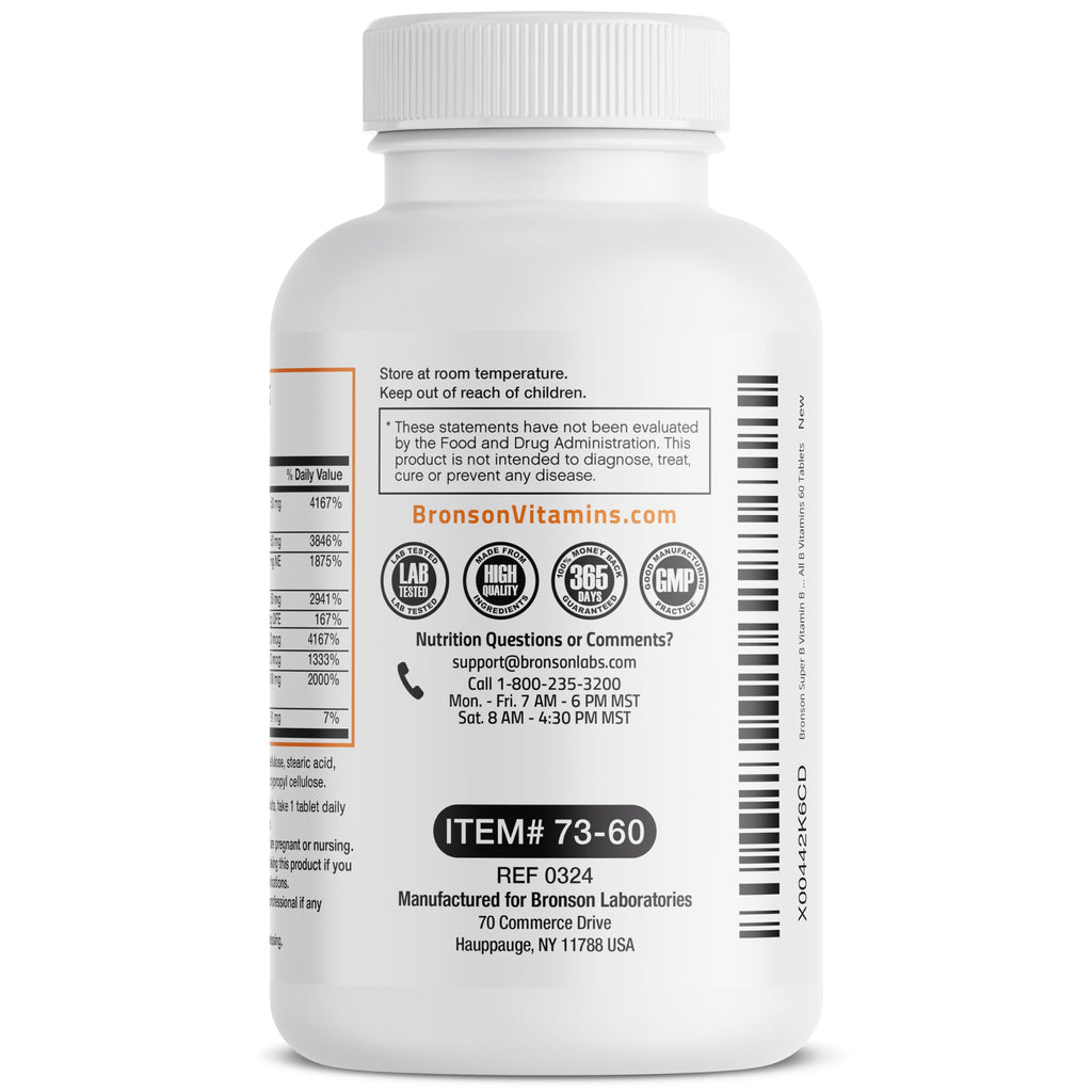 Bronson Super B Vitamin B Complex Sustained Slow Release (Vitamin B1, B2, B3, B6, B9 - Folic Acid, B12) Contains All B Vitamins 60 Tablets