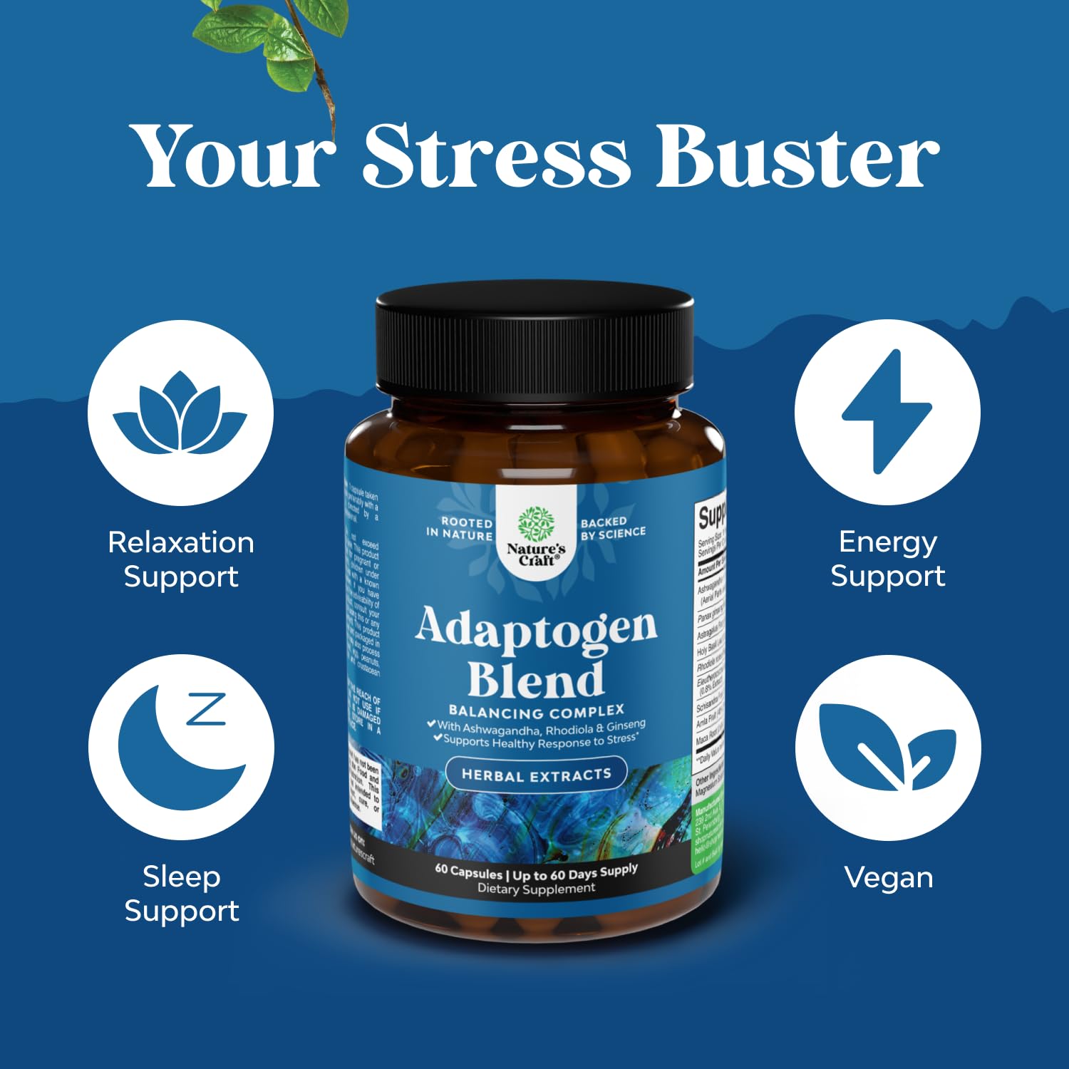 Herbal Adaptogen Mood Support Supplement - Calming Adaptogens Supplement for Stress & Cortisol Management with Ashwagandha Rhodiola Rosea & Maca Root - Vegan & Daytime Friendly - 60 Count Natures Craft Au supplements