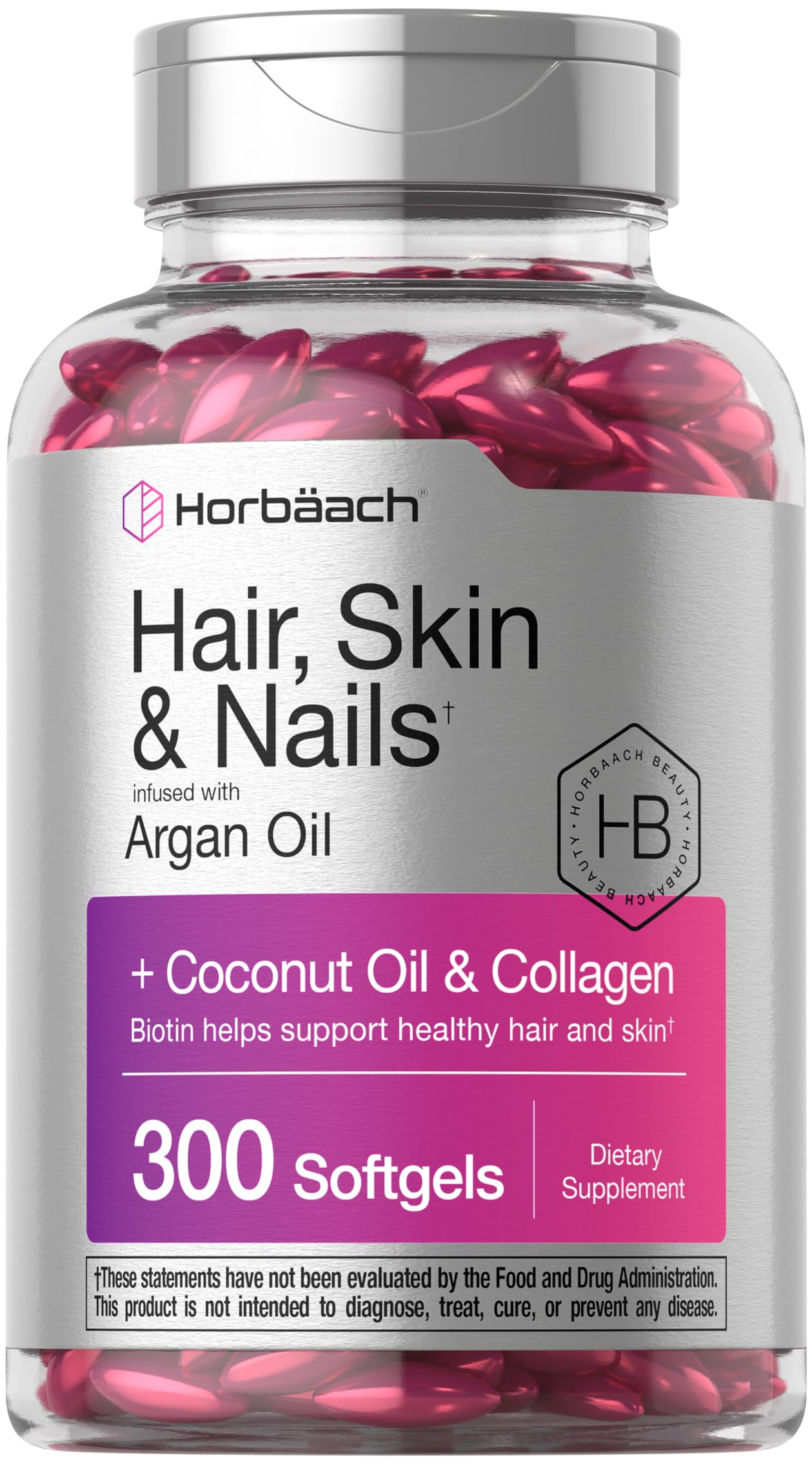 Horbäach Hair Skin and Nails Vitamins | 300 Softgels | with Biotin and Collagen | Infused with Argan Oil and Coconut Oil