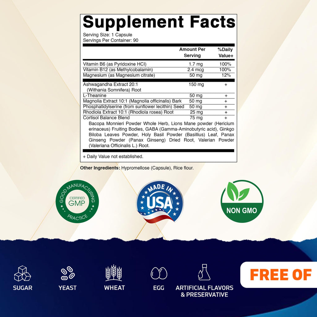 Vitamatic Cortisol Health Support - 90 Veggie Capsules - Made with Adaptogenic Blend with Ashwagandha, Rhodiola, Magnolia, L-Theanine, Phosphatidylserine Vitamatic Au supplements