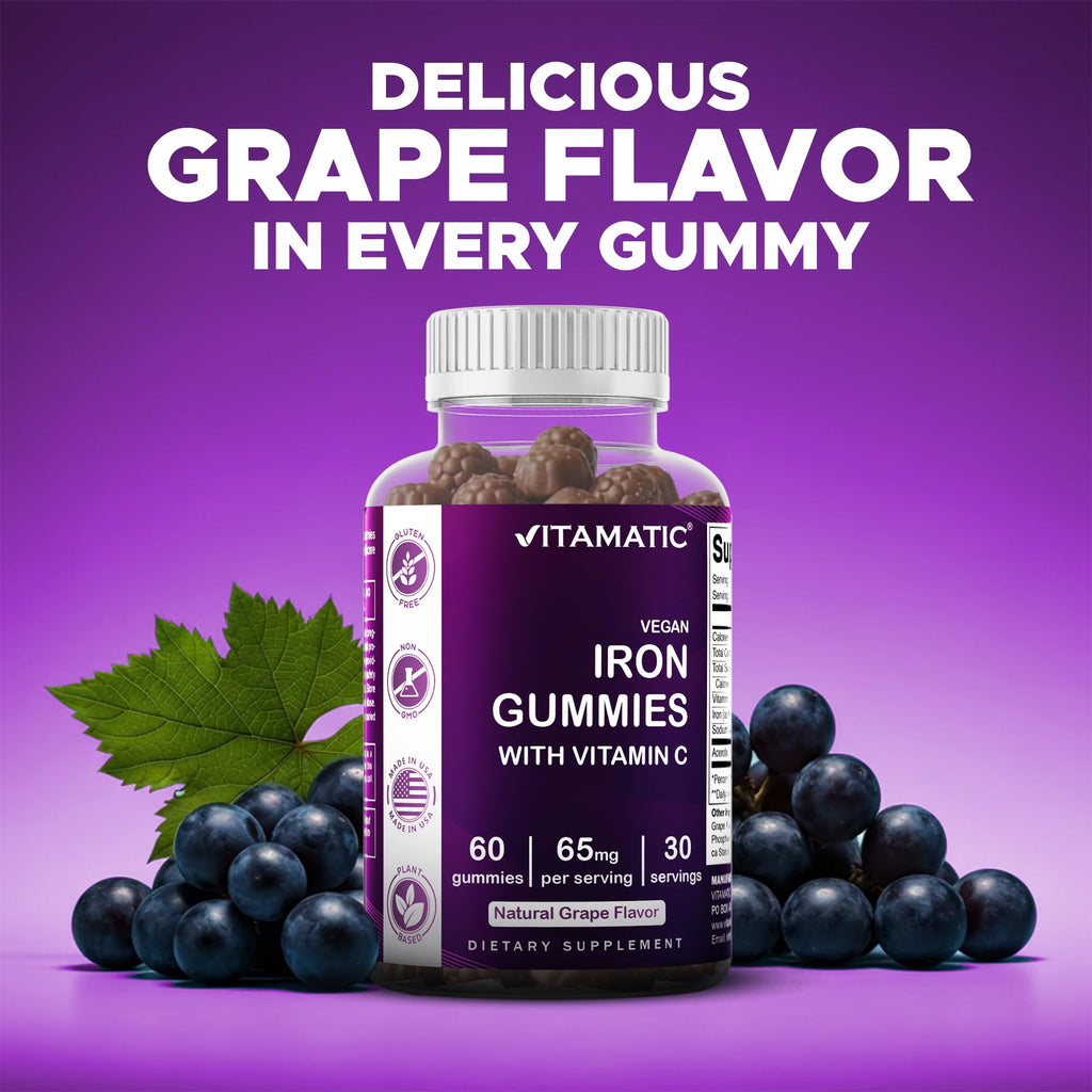 Vitamatic Iron 65 mg Gummies Supplement for Women & Men - 60 Vegan Gummies - Great Tasting Iron Gummy Vitamins with Vitamin C (1)