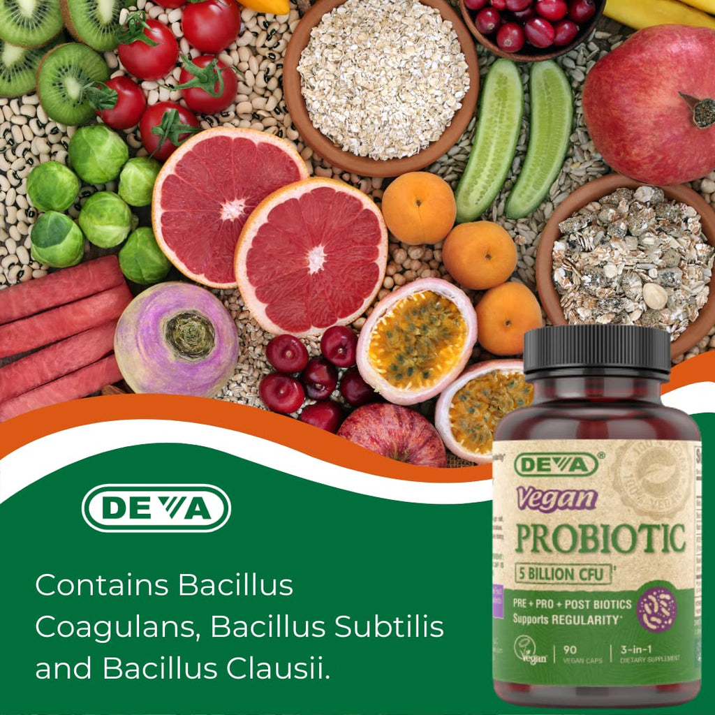 DEVA Vegan Probiotic Supplement - Pre, Pro, and Postbiotics for Digestive Health, 5 Billion CFU, Soil-Based, Spore-Forming, Dairy Free, FOS Prebiotics