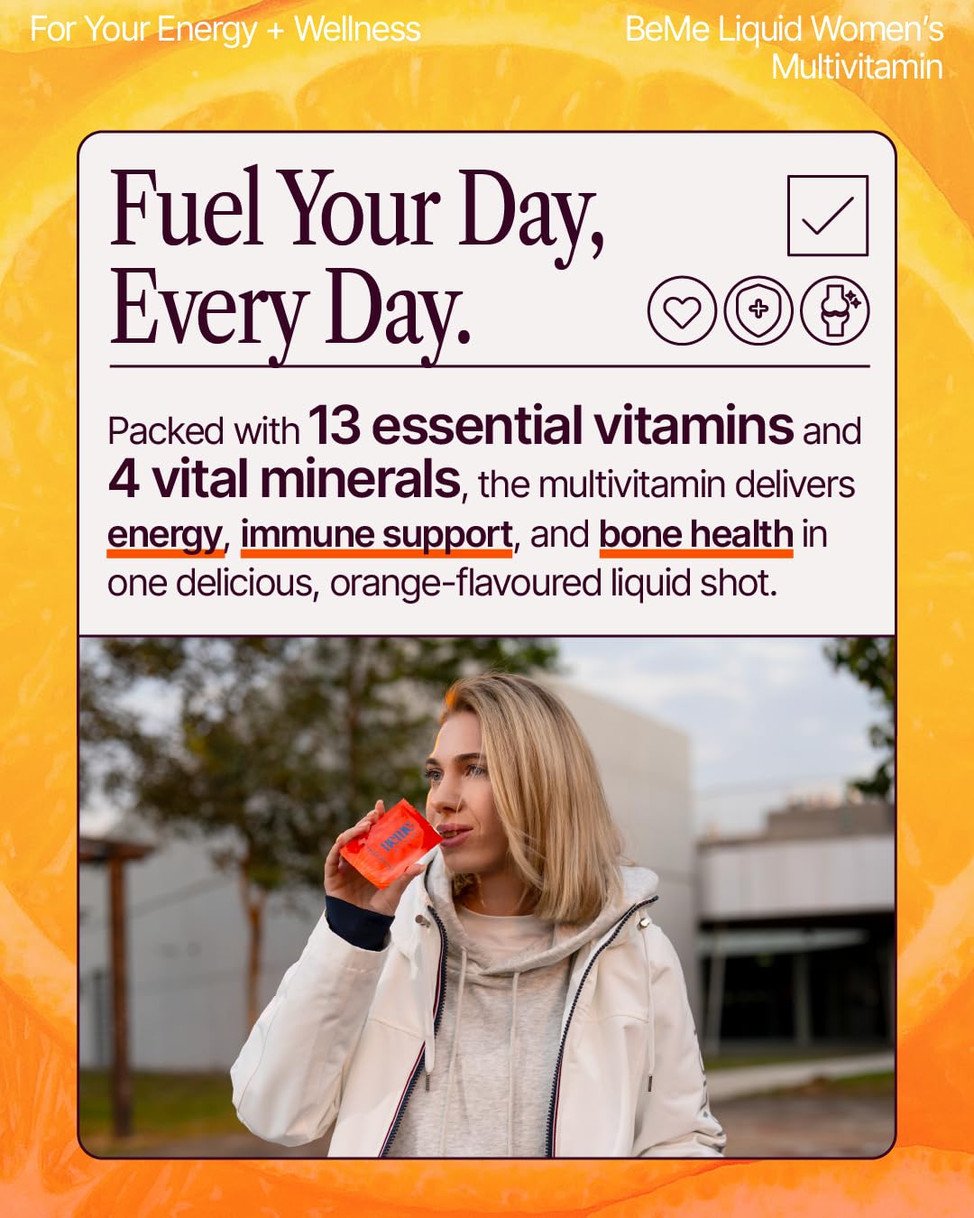 BeMe Liquid Multivitamins for Women - Advanced Liquid Delivery System with 13 Vitamins & Minerals - Tear & Go Sachets, Non-GMO, Orange Flavor (15 Sachets) BeMe Au supplements