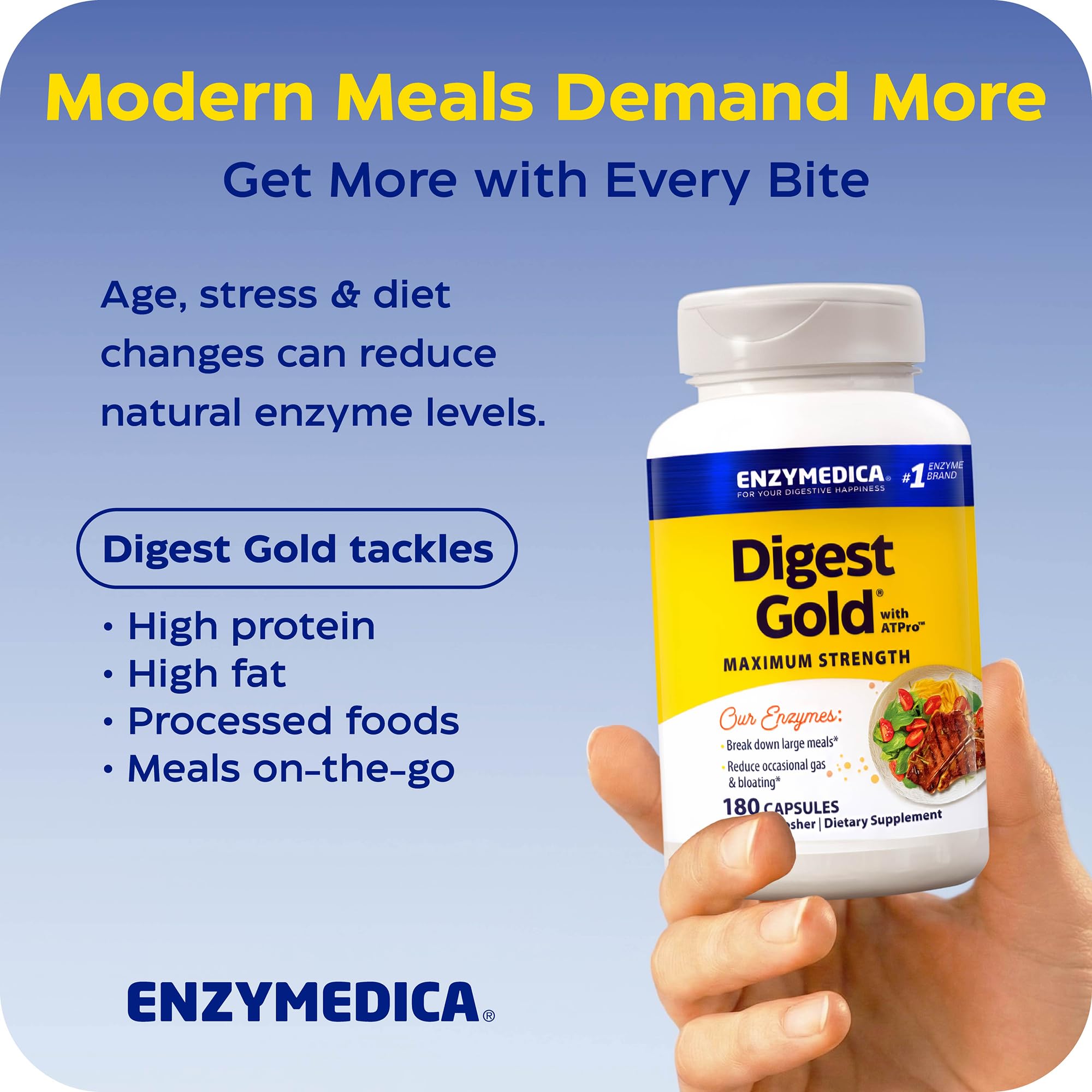 Enzymedica Digest Gold - Digestive Enzyme Supplement for Women & Men, Enzyme Capsules for Digestion, Gut Health Support, Helps Gas & Bloating, ATPro Energy Support,