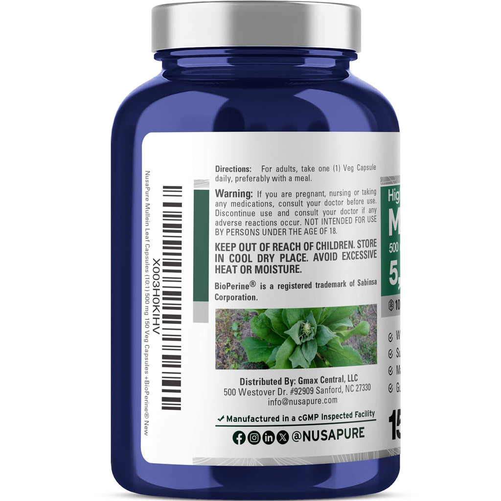 NusaPure Mullein Leaf Capsules 10:1 Extract, 500 mg Equivalent to 5,000 mg per Veggie Caps - 150 Count - Verbascum Thapsus (Non-GMO, Vegan) Dietary Supplement NusaPure Au supplements
