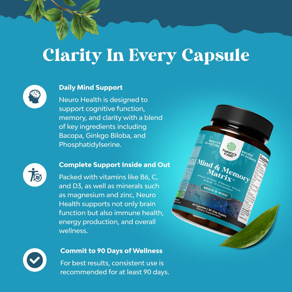 Nootropic Brain Supplement for Memory and Focus Enhancement - Vitamins for Mental Health & Clarity with VIT A, B6, Riboflavin, Niacin, Thiamin & Folate - Cognitive Complex for Mind Vitality - 60 Ct Natures Craft Au supplements