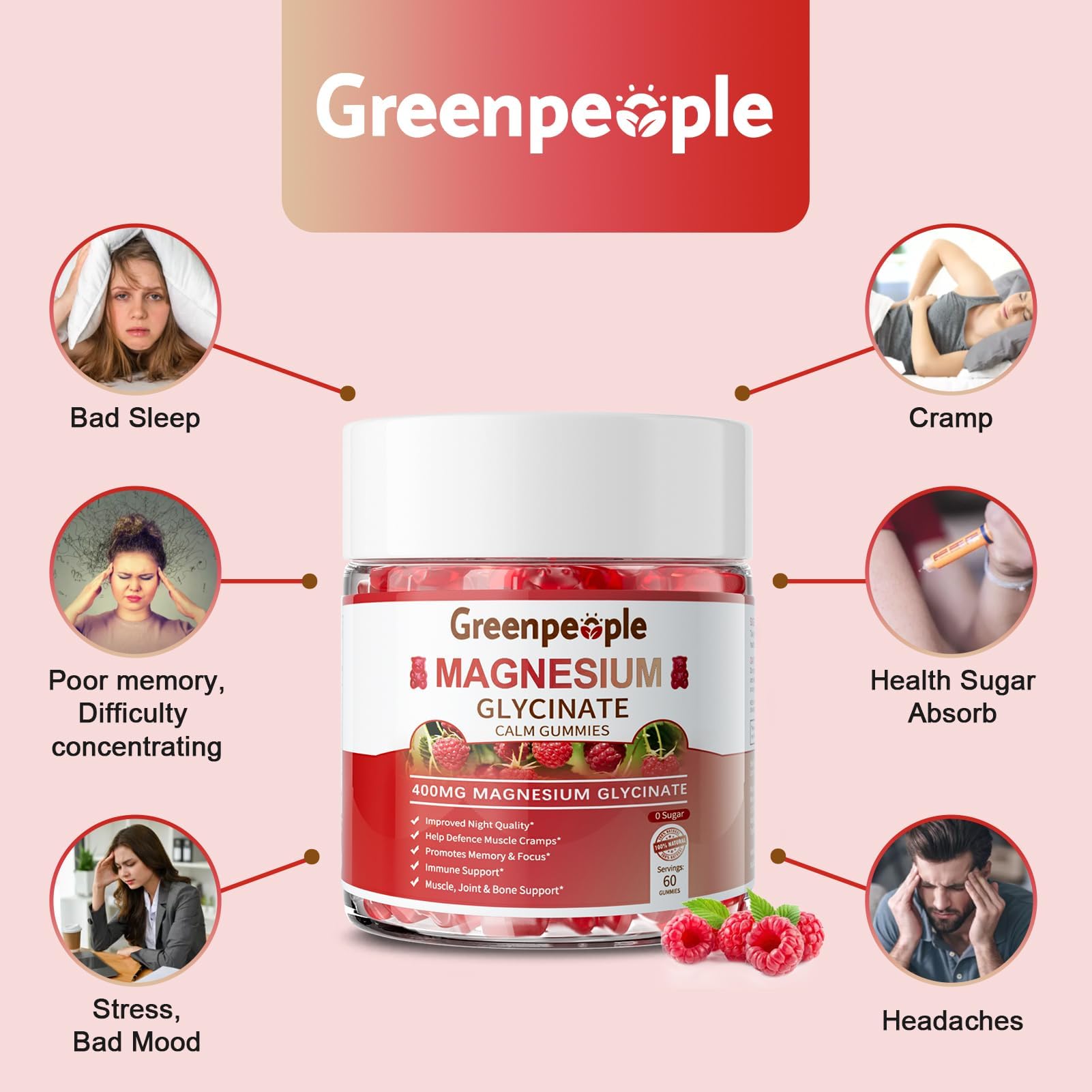 GREENPEOPLE Magnesium Glycinate Gummies 400mg - Sugar Free Magnesium Supplement with Magnesio Citrate, Vitamin D, and B6 for Calm Support & Sleep for Adults