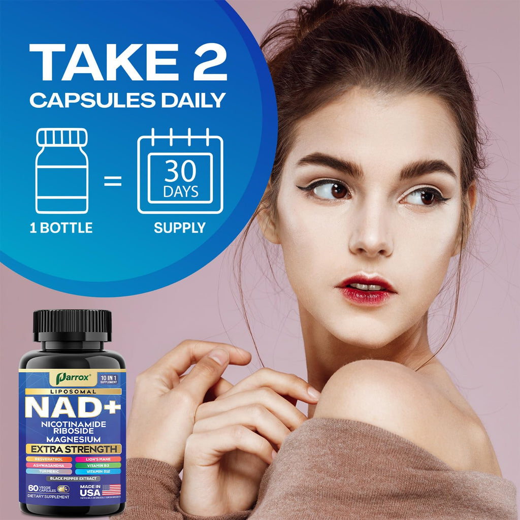 Parrox NAD+ Supplement with Liposomal NAD+, Nicotinamide Riboside, Magnesium, Vitamin B3 & B12, Resveratrol, Turmeric, Ashwagandha, Lion’s Mane,10-in-1 Extra Strength Parrox Au supplements