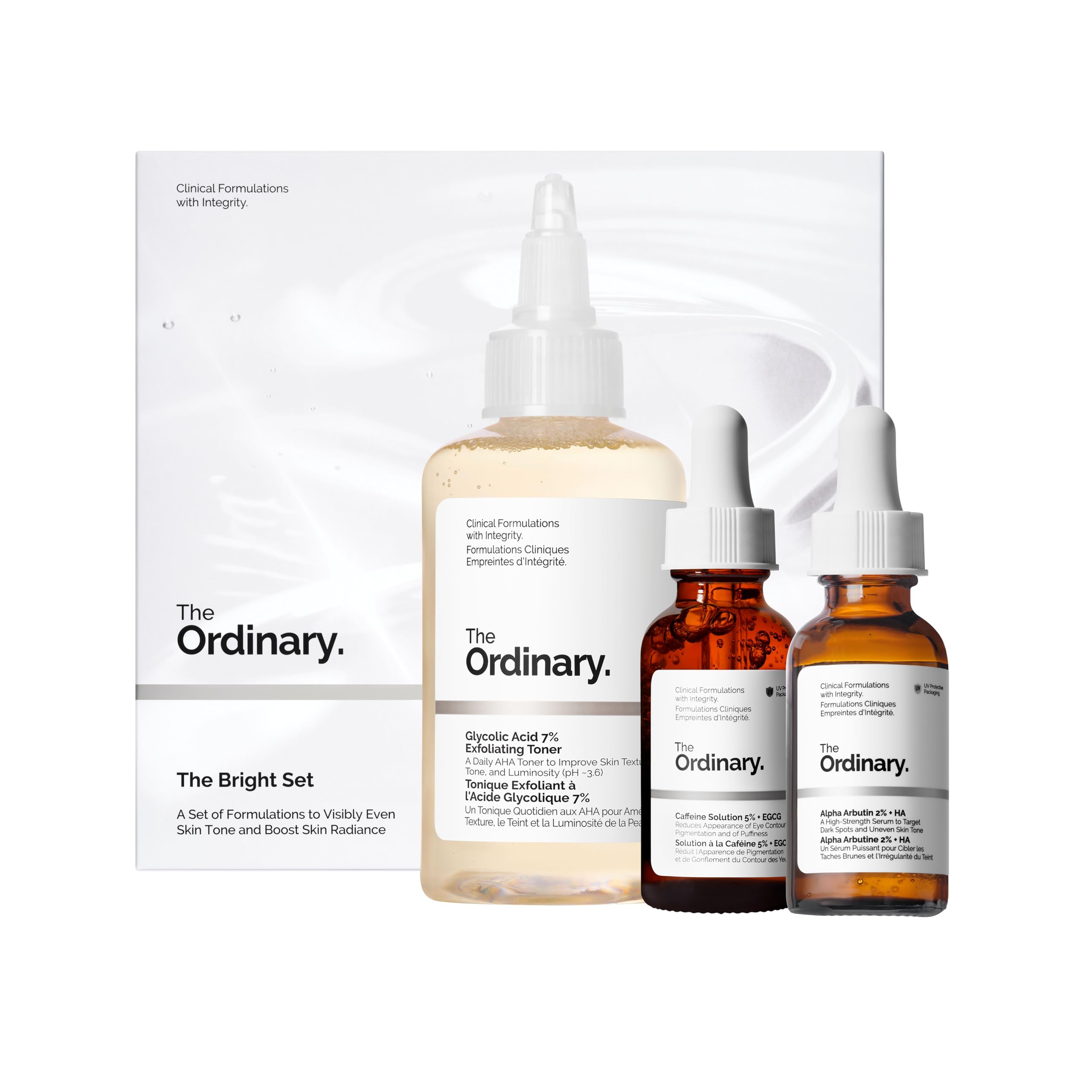 The Ordinary The Bright Set, 3-Step Regimen for Radiant, Even Skin Tone with Glycolic Acid 7% Exfoliating Toner
