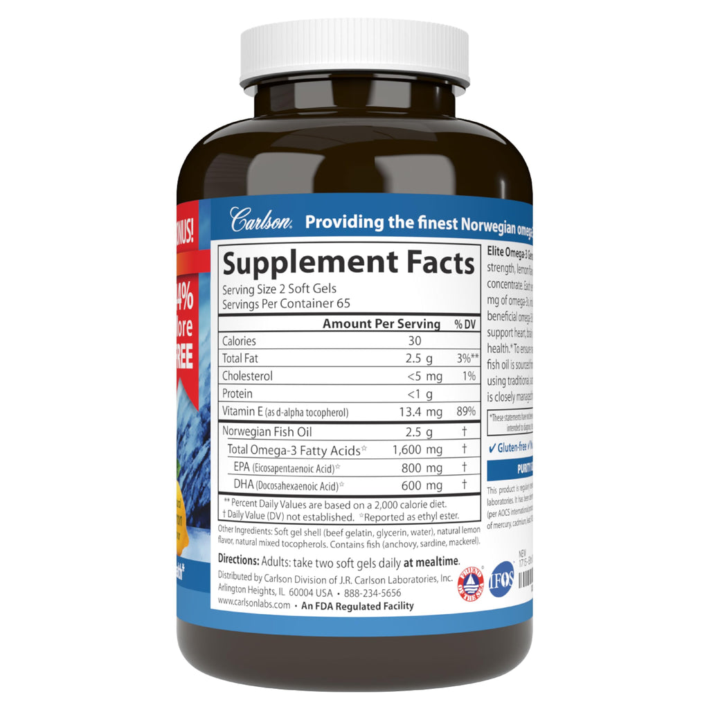Carlson - Elite Omega-3 Gems, 1600 mg Omega-3 Fatty Acids Including EPA and DHA, Norwegian, Wild-Caught Fish Oil Supplement, Sustainably Sourced Omega