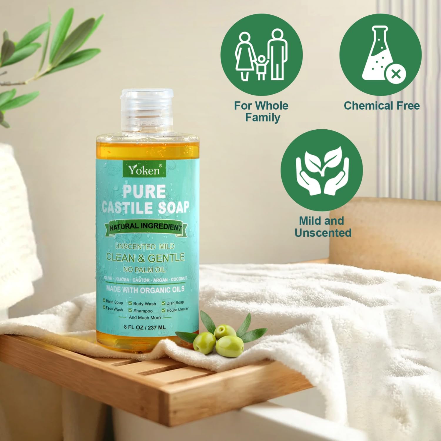 Yoken Pure Castile Liquid Soap Organic (EWG Verified, Unscented, 8 OZ), Made with Organic Oils, No Added Fragrance, Vegan, Castile Soap Liquid for Face