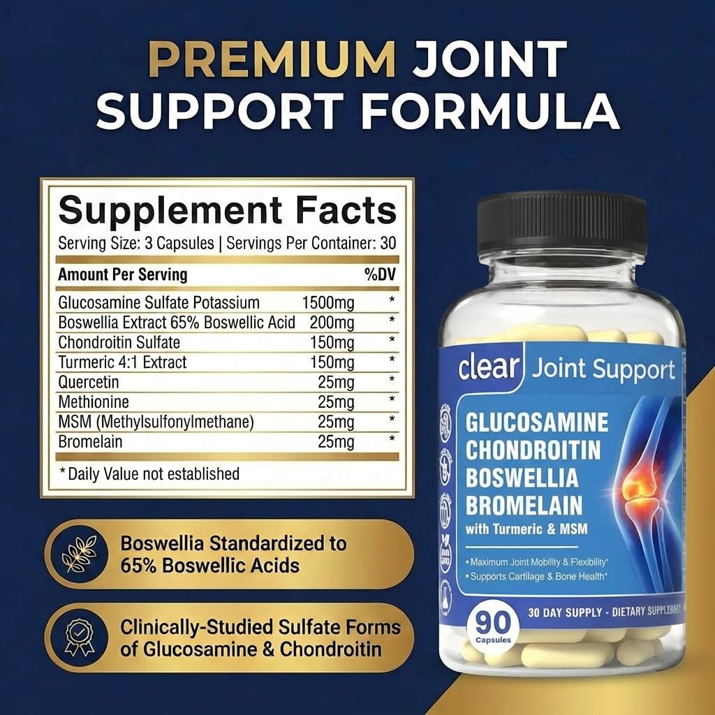 Clear Joint Support - 1500mg Glucosamine Chondroitin MSM - 8 in 1 Joint Health Supplement with Turmeric and Boswellia for Men & Women, Knee, Hip & Back Support, Made in USA, 90 Capsules Clear Probiotics Au supplements