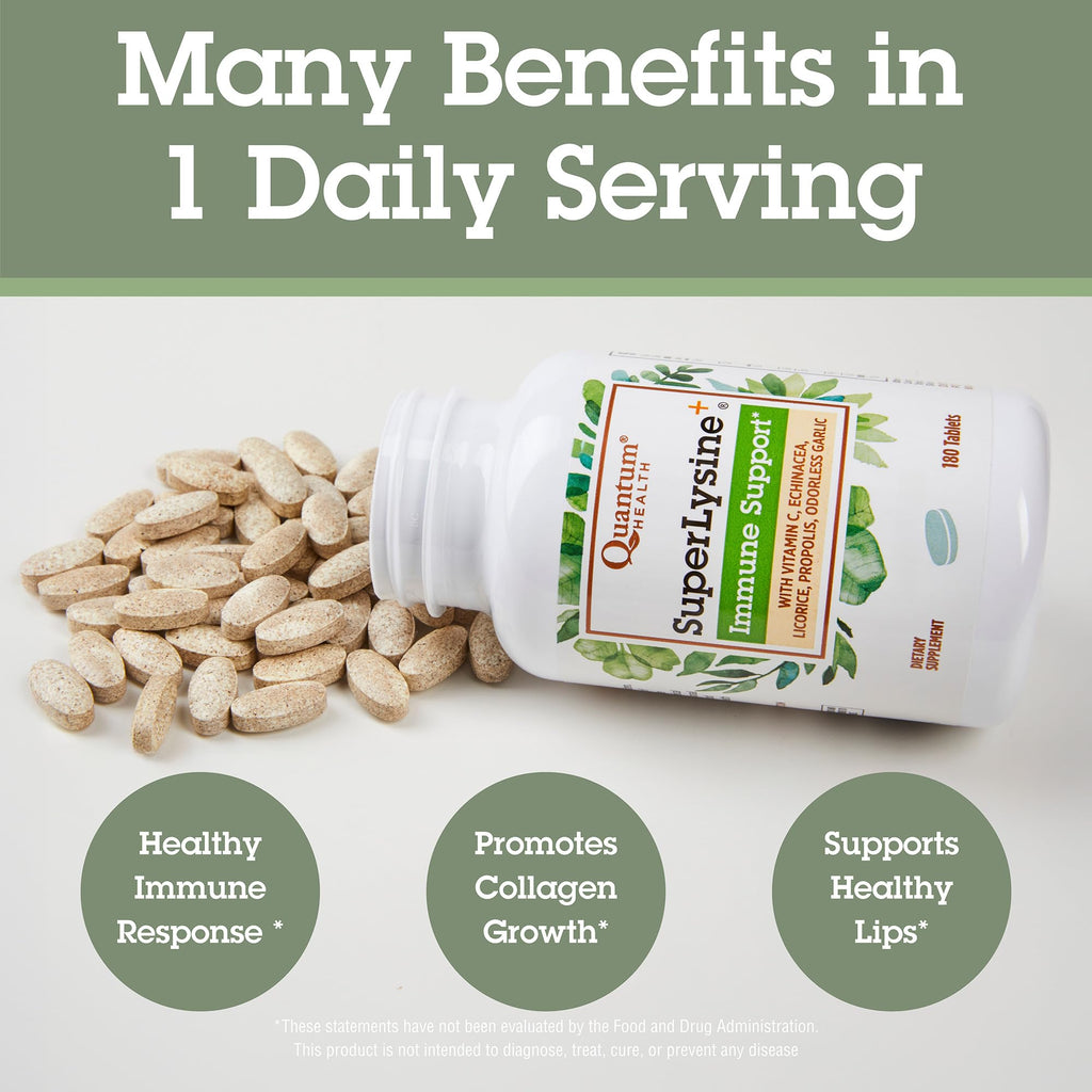 Quantum Health Super Lysine+ / Advanced Formula Lysine+ Immune Support with Vitamin C, Echinacea, Licorice, Propolis, Odorless Garlic
