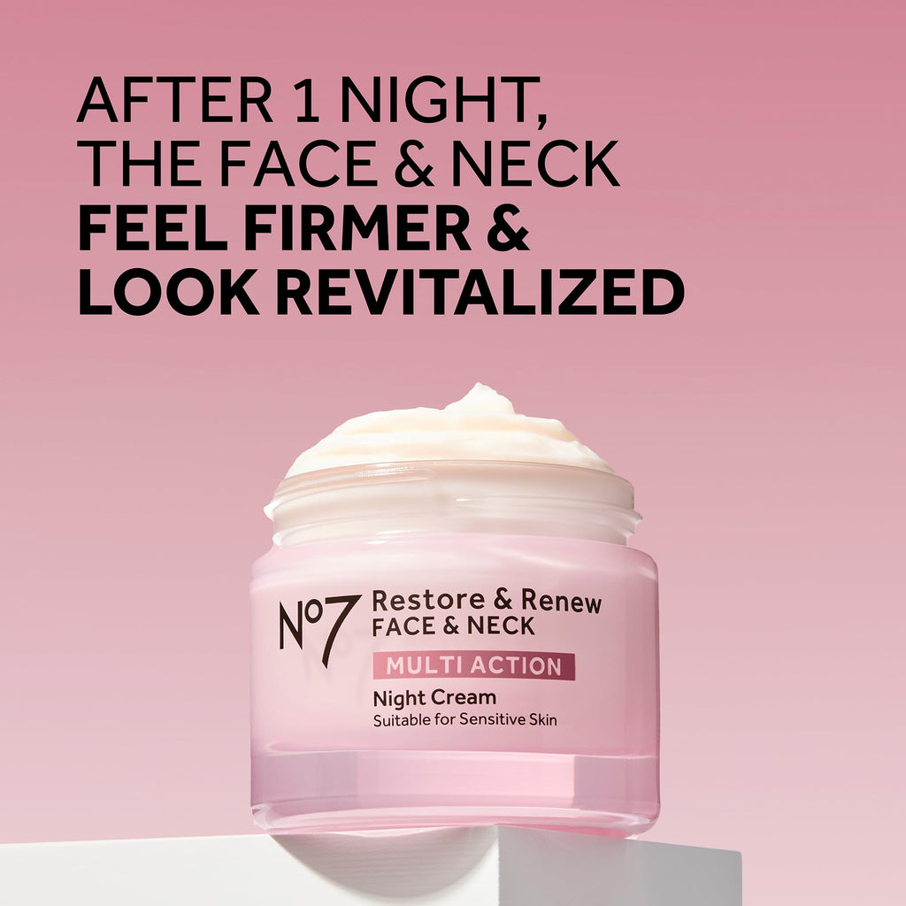 No7 Restore & Renew Multi Action Night Cream for Face & Neck - Nighttime Face Moisturizer with Collagen Peptides