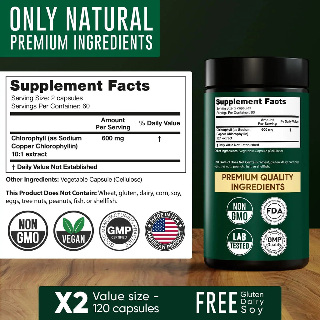 Chlorophyll Capsules 600 mg - Natural Chlorophyll Pills for Women & Men - Highly BioAvailable Alpha Flow Au supplements