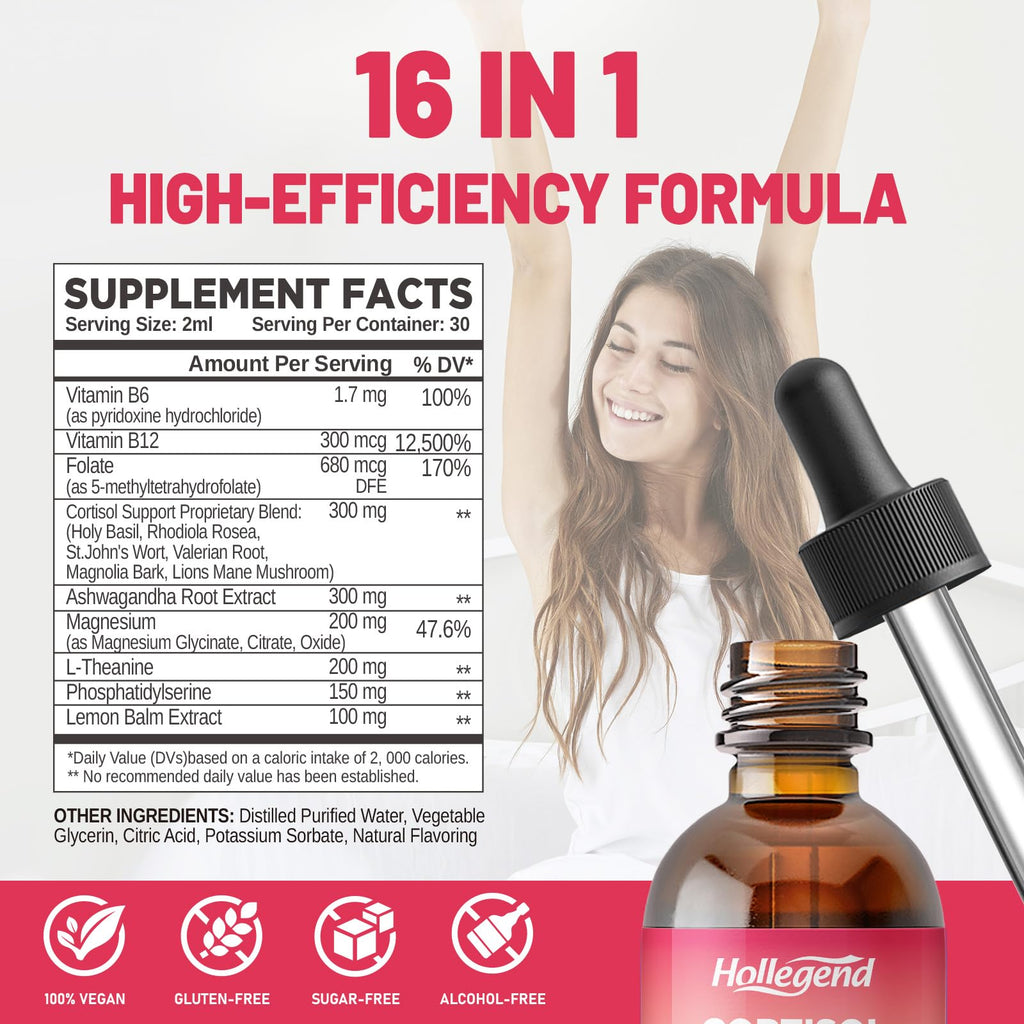 HOLLEGEND Cortisol Supplements for Women, Cortisol Wellness Liquid Drops, 16 in 1 Cortisol Detox Reducer w. Ashwagandha, Magnesium, L-Theanine, Folate for Relaxation & Hormone Balance, Strawberry HOLLEGEND Au supplements