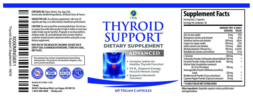 1 Body Thyroid Support Supplement for Women and Men, Selenium with Iodine, Zinc, B12, Ashwagandha and L-Tyrosine, Supports Hormone Health, Energy and Metabolism, 30 Day Supply 1 Body Au supplements