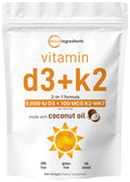 Micro Ingredients Vitamin D3 5,000 IU + K2 MK-7 100 mcg, 300 Softgels | Virgin Coconut Oil | 2-in-1 Support