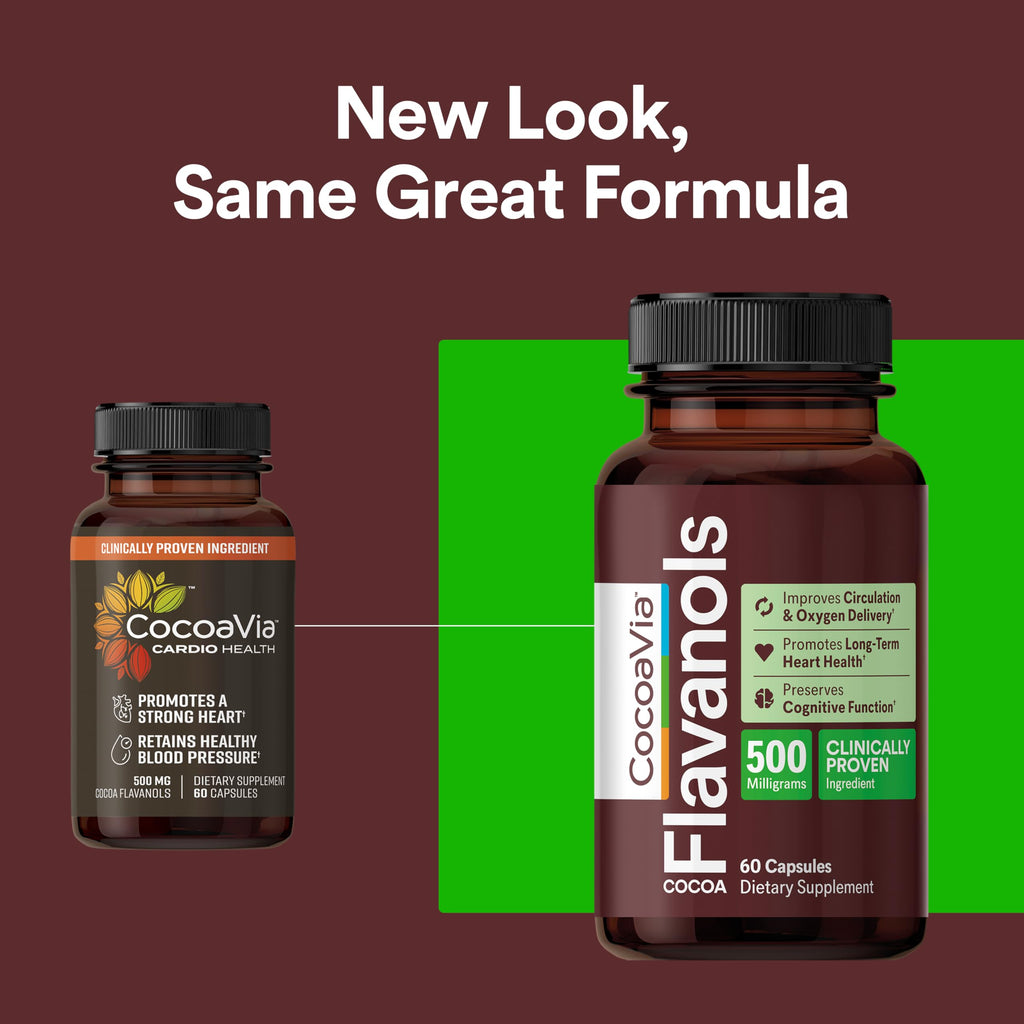 CocoaVia Cocoa Flavanols 500mg – Heart & Brain Support Supplement, High Flavanol Cocoa, Blood Circulation & Memory Booster, Nitric Oxide, Energy & Oxygen Boost, Vegan, Gluten-Free, 60 Capsules