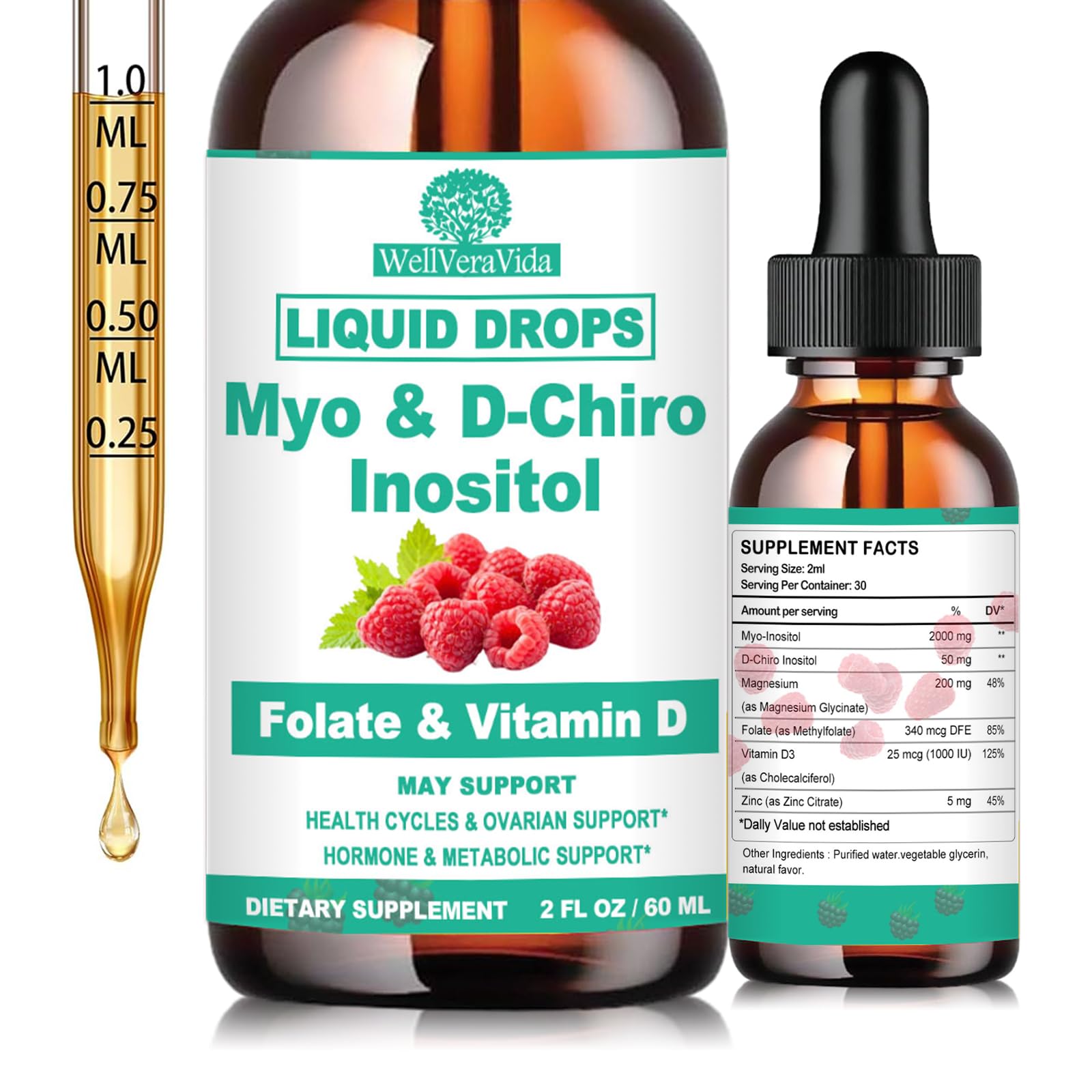 Myo Inositol & D-Chiro Inositol Supplement Liquid for Women- Ideal 40:1 Ratio Inositol Drops with MTHF Folate, Magnesium, Vitamin D, Supports Hormone Balance, Regular Cycles & Ovarian Health丨Vegan WellVeraVida Au supplements