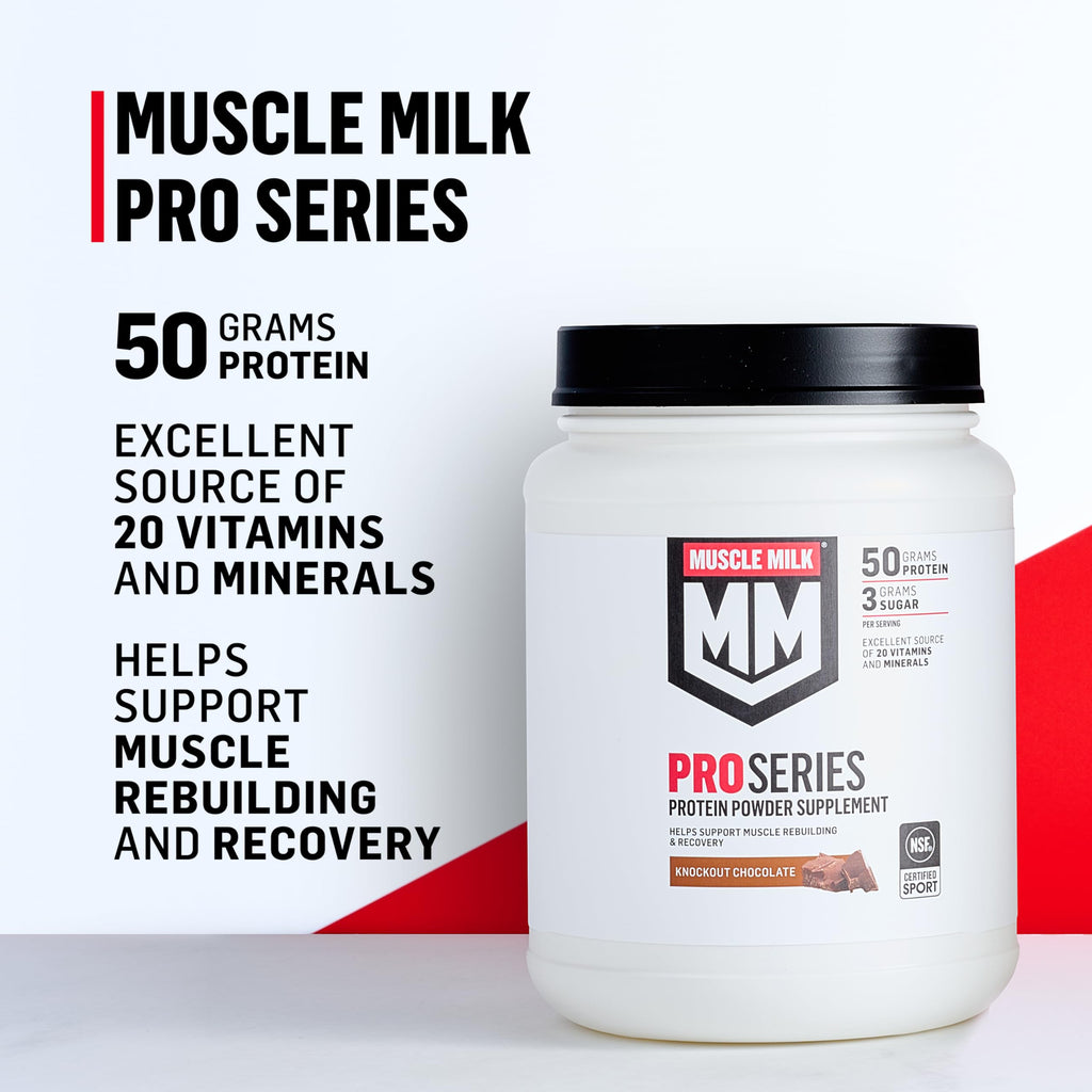 Muscle Milk Pro Series Protein Powder Supplement,Knockout Chocolate,2 Pound,11 Servings,50g Protein,3g Sugar,20 Vitamins & Minerals,NSF Certified for Sport,Workout Recovery,Packaging May Vary