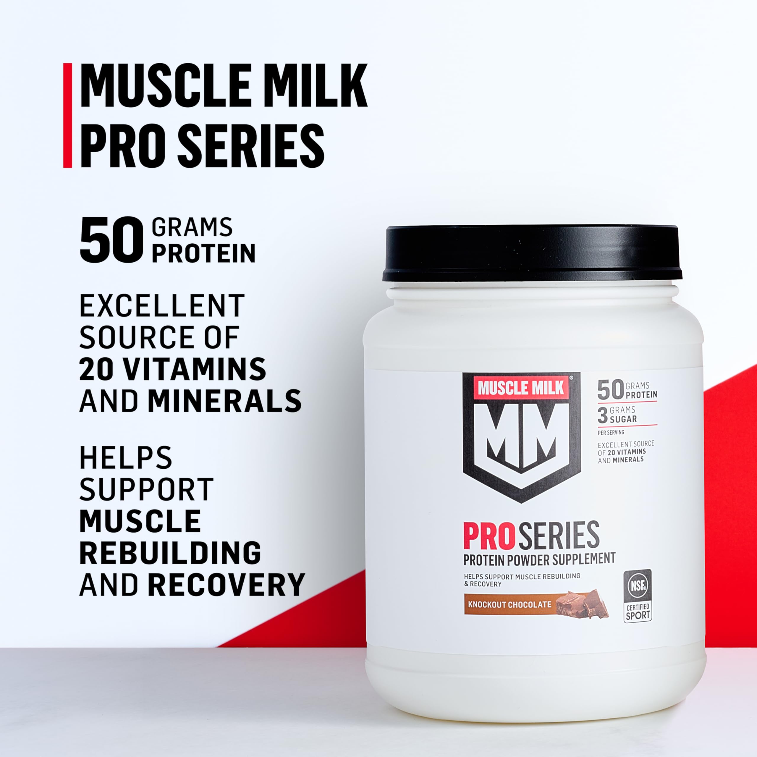 Muscle Milk Pro Series Protein Powder Supplement,Knockout Chocolate,2 Pound,11 Servings,50g Protein,3g Sugar,20 Vitamins & Minerals,NSF Certified for Sport,Workout Recovery,Packaging May Vary