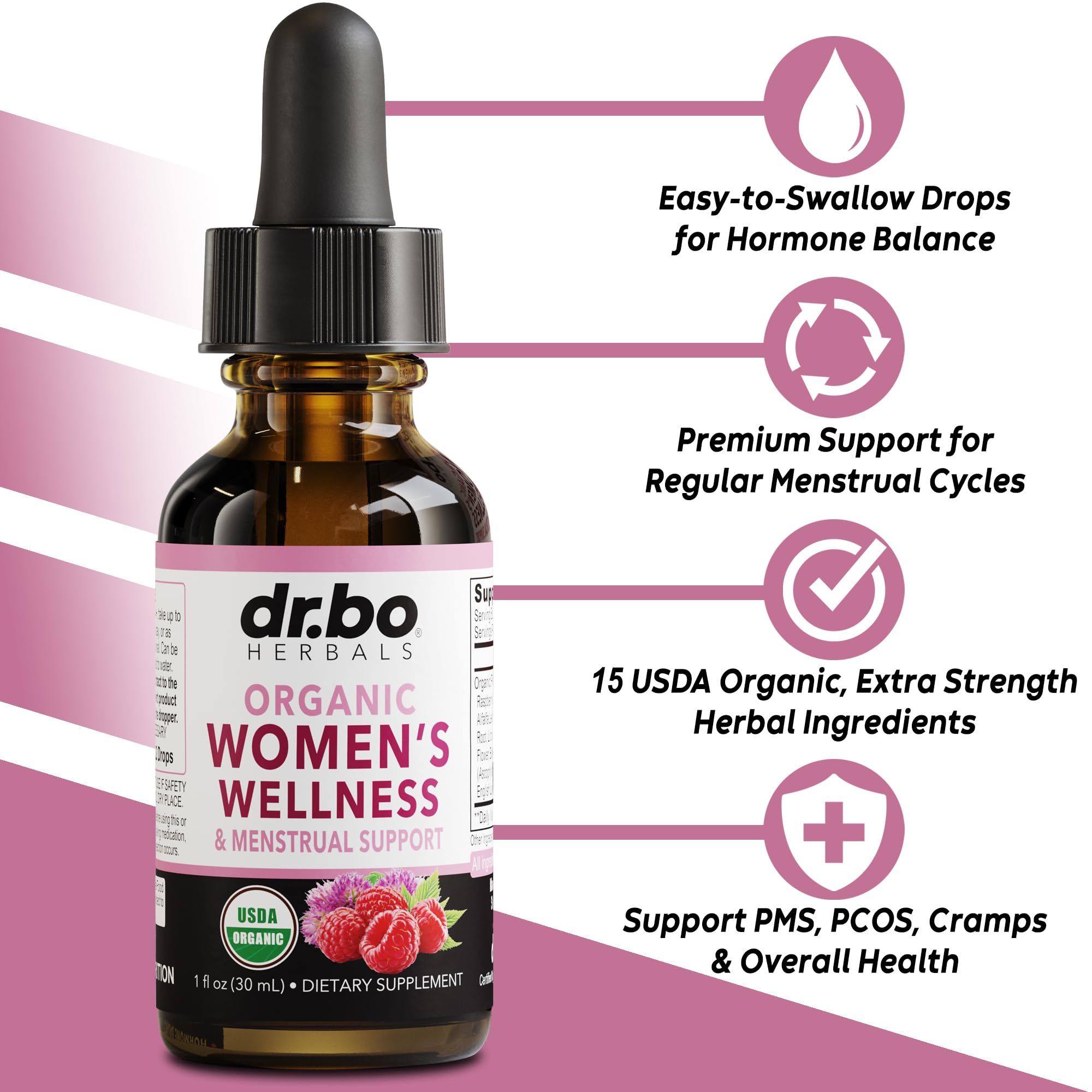 Hormone Balance for Women & PMS Relief - Women's Wellness Organic Hormonal Balance Supplements Liquid Drops & Menstrual Cramp Period Support - Raspberry Leaf, Chasteberry, Black Cohosh Supplement 1 Oz DR. BO Au supplements