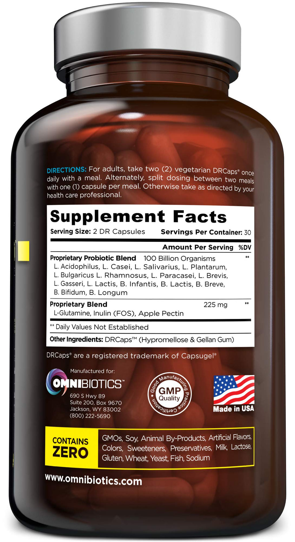 100 Billion Probiotics - 15-Strain Probiotic for Women & Men, DRCaps Delayed Release, Prebiotics, L-Glutamine, Apple Pectin, Gut Lining Support, Shelf Stable, Non-GMO, 60 Vegan Capsules for Adults OmniBiotics Au supplements