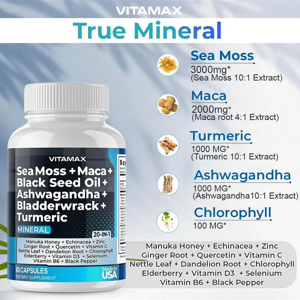 Sea Moss, Maca, Black Seed Oil, Ashwagandha, Bladderwrack, Turmeric Vitamax Au supplements