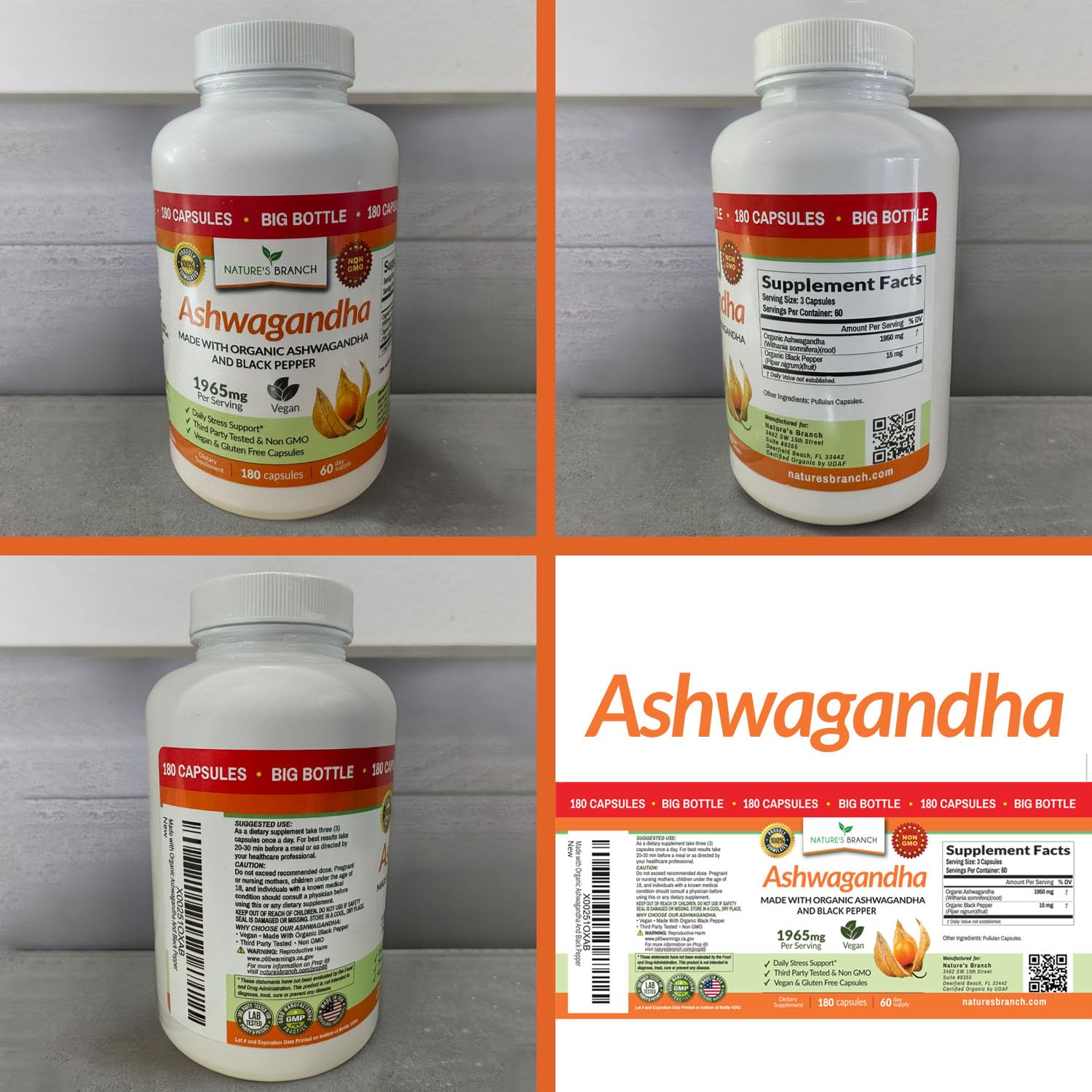 UDAF Certified Organic Ashwagandha with Black Pepper, 1965mg - Extra Strength for Stress, Sleep, Mood, Thyroid, Energy, Hair, Vegan Pure Root Extract Powder Supplement for Men and Women | 180 Capsules NATURE'S BRANCH Au supplements