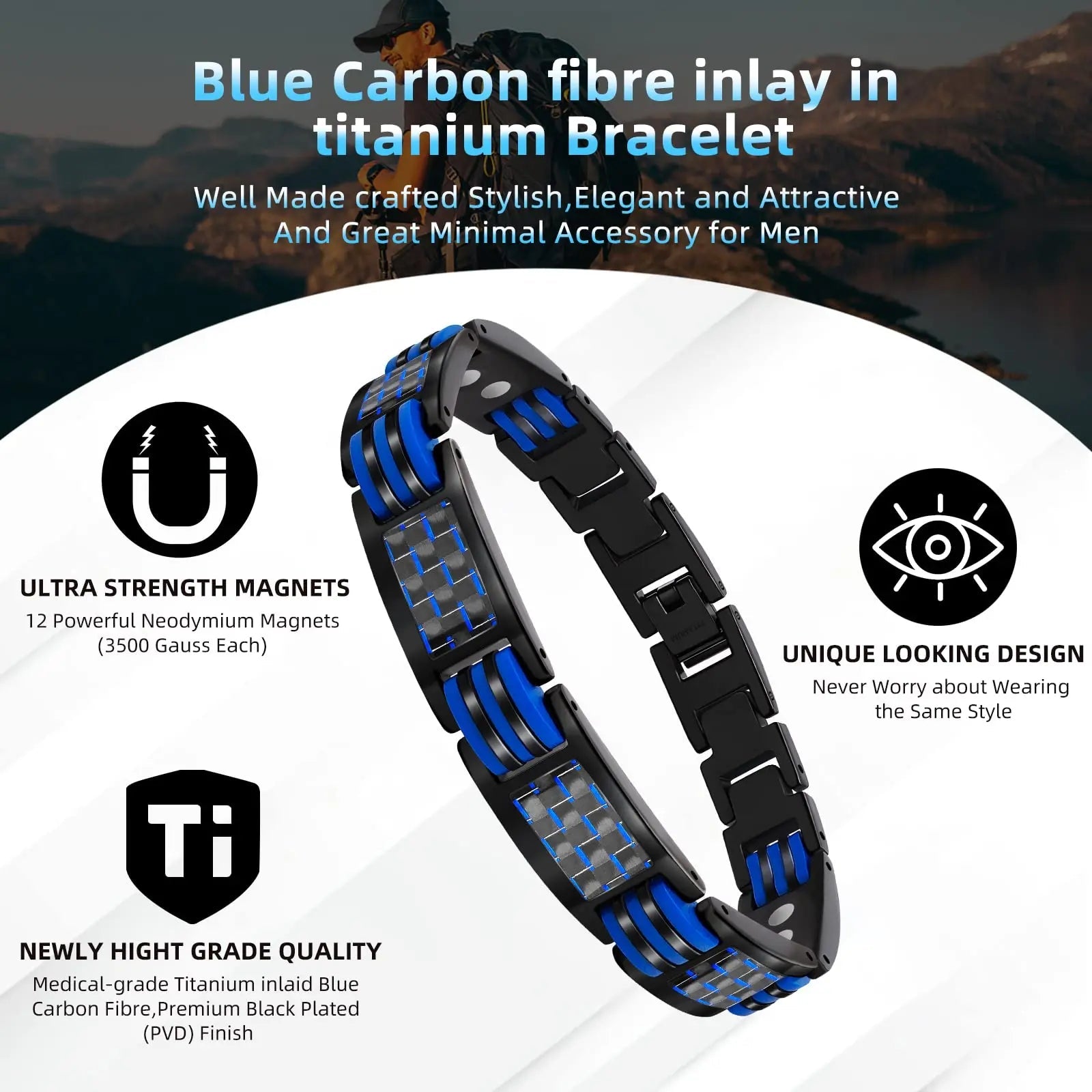 JEROOT Magnetic Bracelets for Men, Blue Carbon Fiber Pure Titanium Magnetic Bracelet JEROOT Au supplements