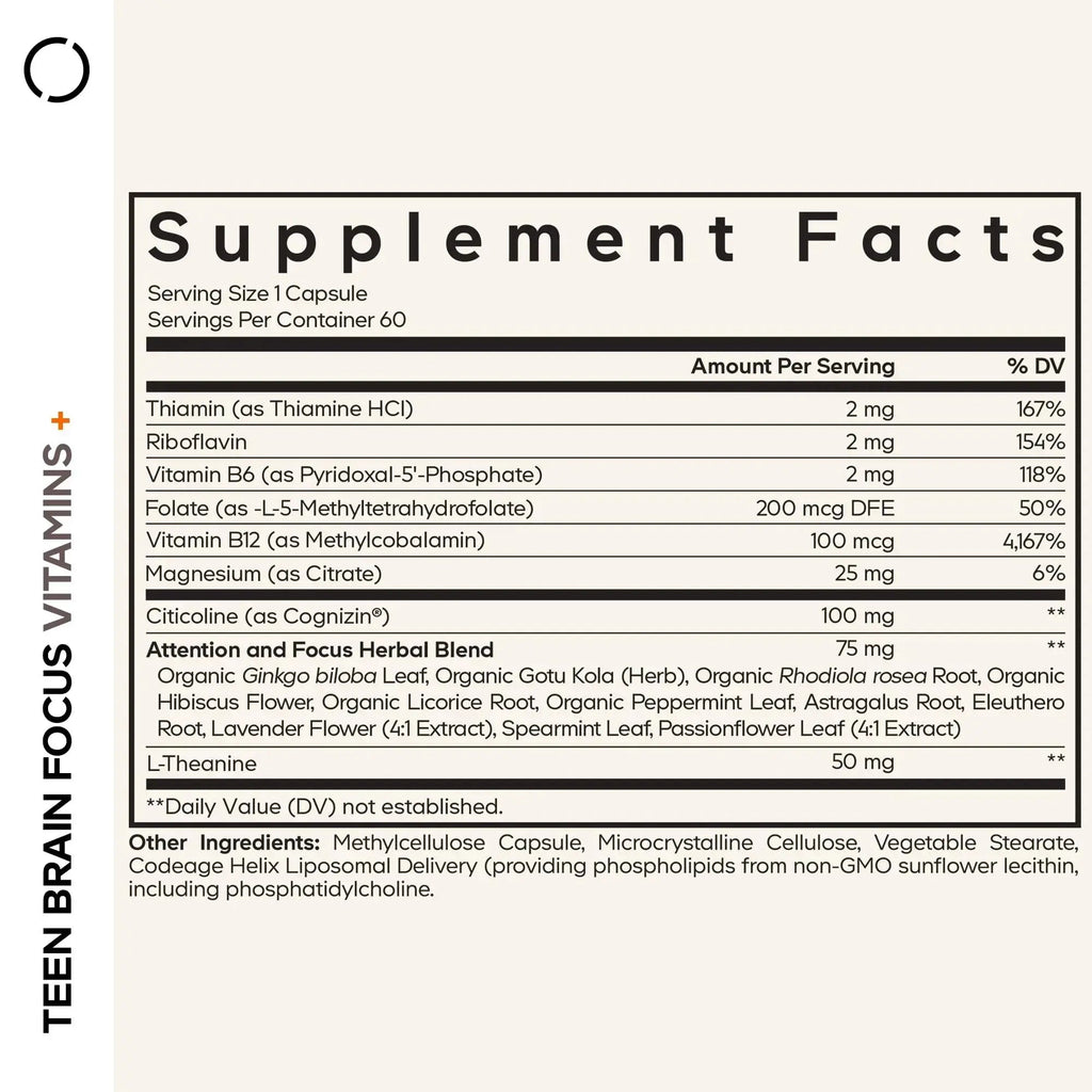 Codeage Teen Brain Focus Vitamins+ Citicoline Cognizin, L-Theanine, Ginkgo, Rhodiola, Lavender, Magnesium, Vitamin B6, B12, Folate Codeage Au supplements