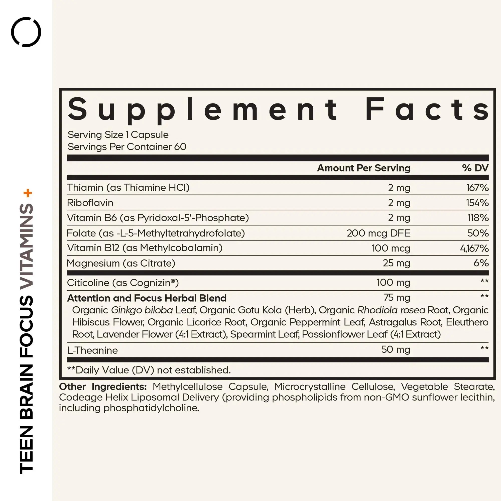 Codeage Teen Brain Focus Vitamins+ Citicoline Cognizin, L-Theanine, Ginkgo, Rhodiola, Lavender, Magnesium, Vitamin B6, B12, Folate Codeage Au supplements