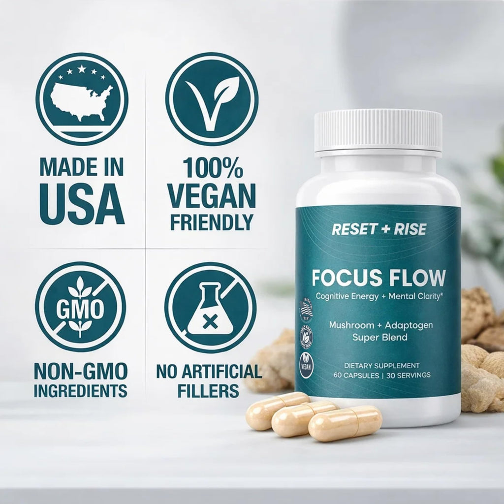 Nootropic Brain Supplement with Lion’s Mane Mushroom, Cordyceps & Rhodiola Rosea Extract - Focus and Energy Supplement, Adaptogen for Brain Health, Mental Clarity, Memory & Mood Support - 60 Capsules Reset+Rise Au supplements