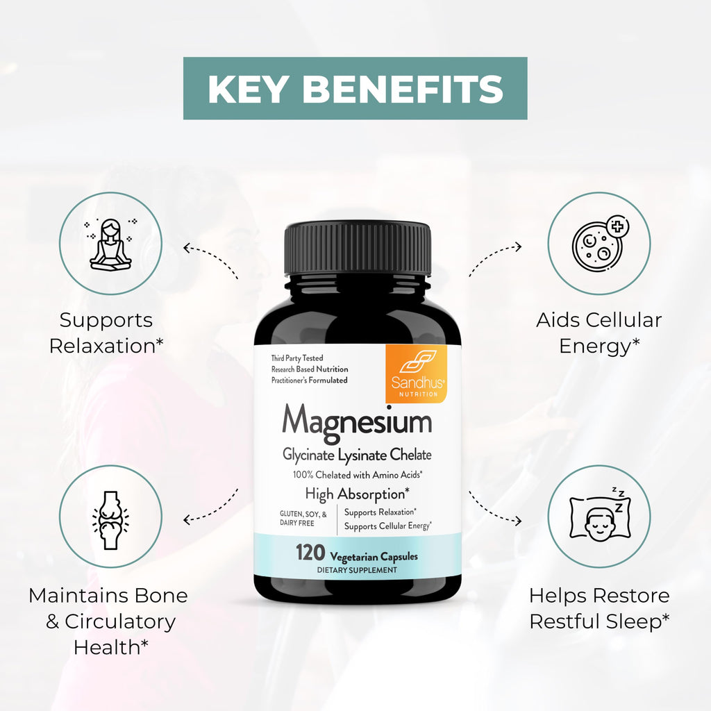 Sandhu's Magnesium Glycinate Lysinate | 120 Easy to Swallow Chelated Vegan Capsules | Magnesium Lysine Chelate Supplement for High Absorption | for Best Sleep, Leg Cramps, Relaxation Sandhu's Au supplements