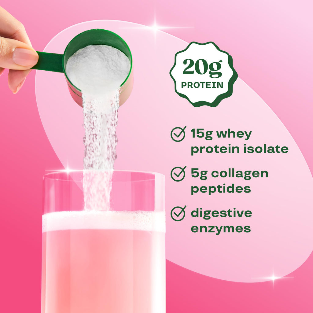 Bloom Clear Protein, Whey Protein Isolate with Collagen Peptides and Digestive Enzymes, 20g Protein, Sugar Free Post Workout Drink Mix, 90 Calories,