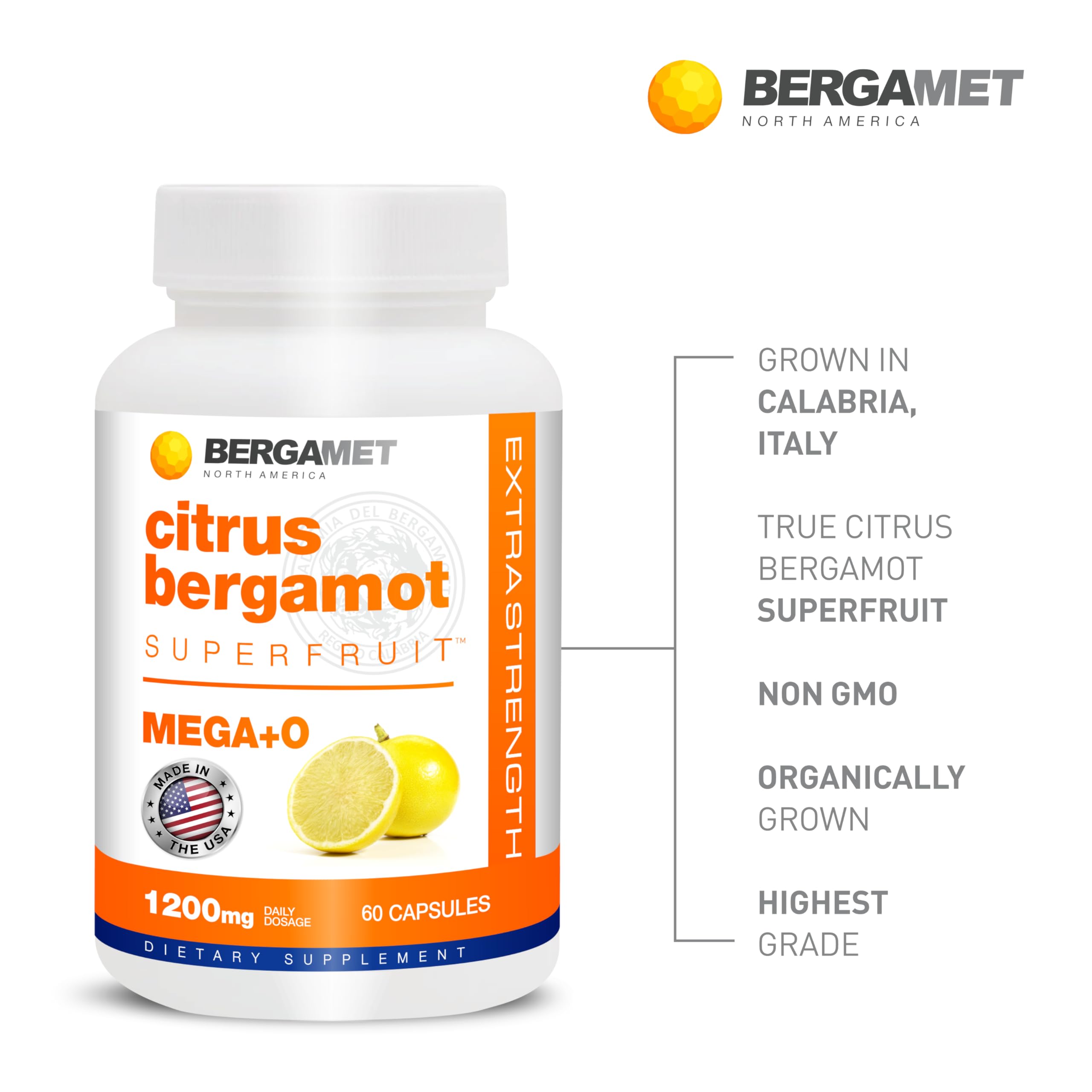 BergaMet Citrus Bergamot Supplement, 170:1 Extract, 1200mg per Serving, 80% Polyphenols, Italian Citrus Bergamot Supplement,