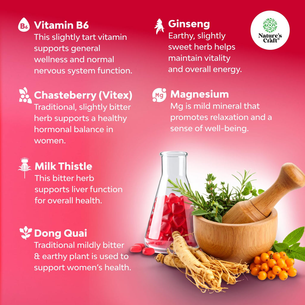 Hormone Balance for Women Gummies of All Ages - PMS Support Supplement for Women to Regulate Menstrual Cycle & Hormonal Balance Menopause & Mood Swings with Vitamin B6 & Dong Quai - 60 Chews Natures Craft Au supplements