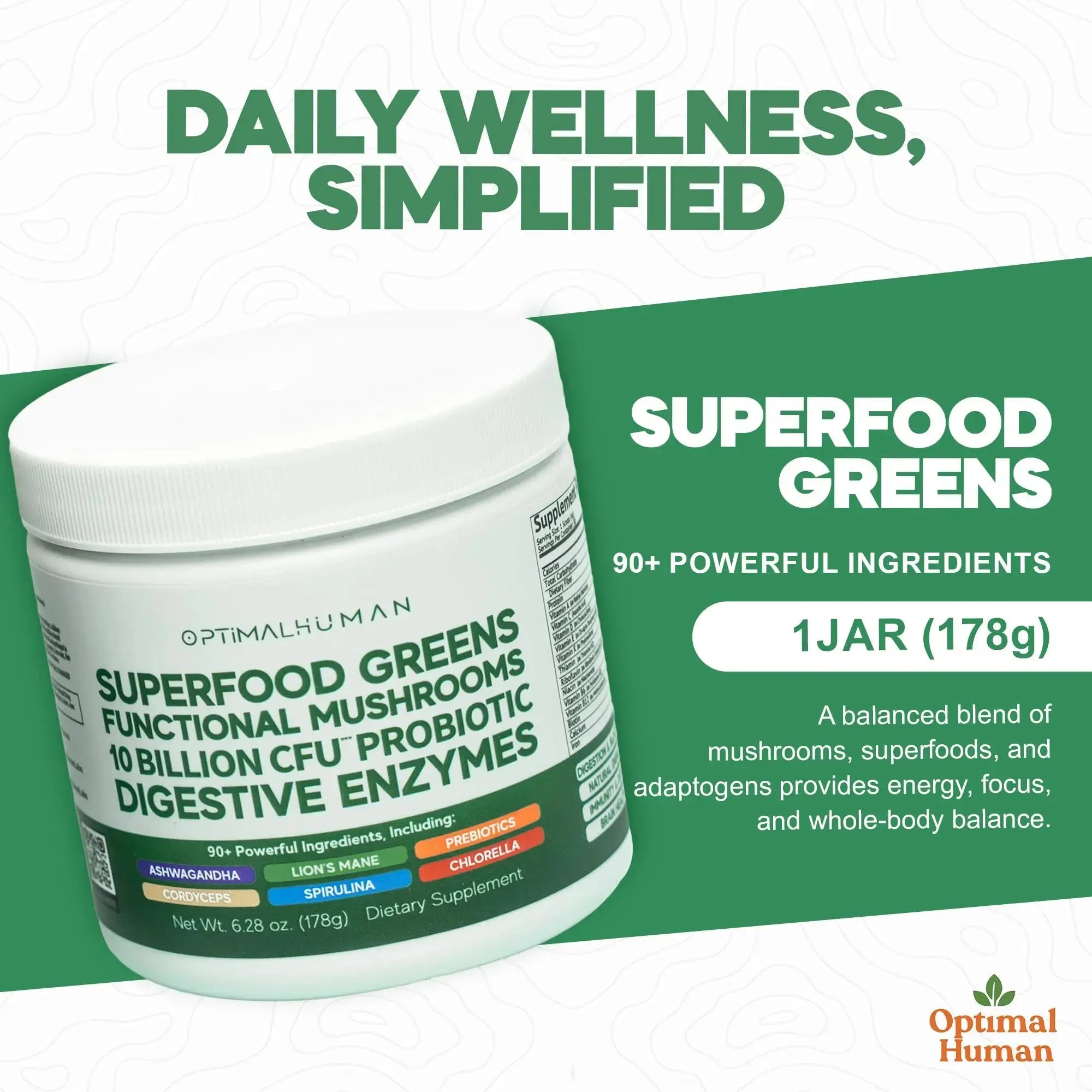 Optimal Human Superfood Greens Powder – 90+ Ingredient Blend with Lion’s Mane Supplement, Ashwagandha & Turmeric O H Au supplements