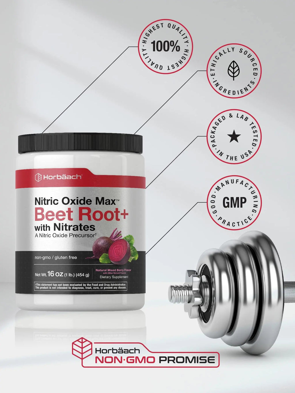 Nitric Oxide Beet Root Powder | 16 oz (454g) | Natural Mixed Berry Flavor | with Nitrates Horbäach Au supplements