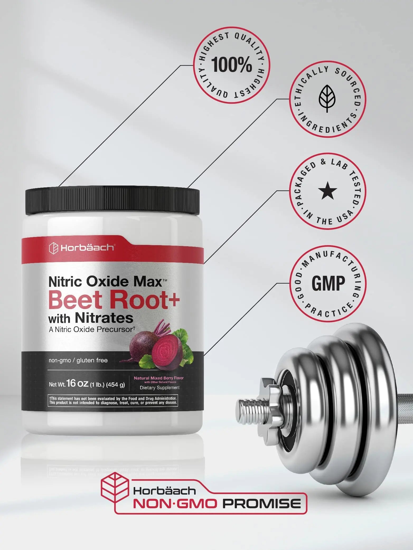 Nitric Oxide Beet Root Powder | 16 oz (454g) | Natural Mixed Berry Flavor | with Nitrates Horbäach Au supplements
