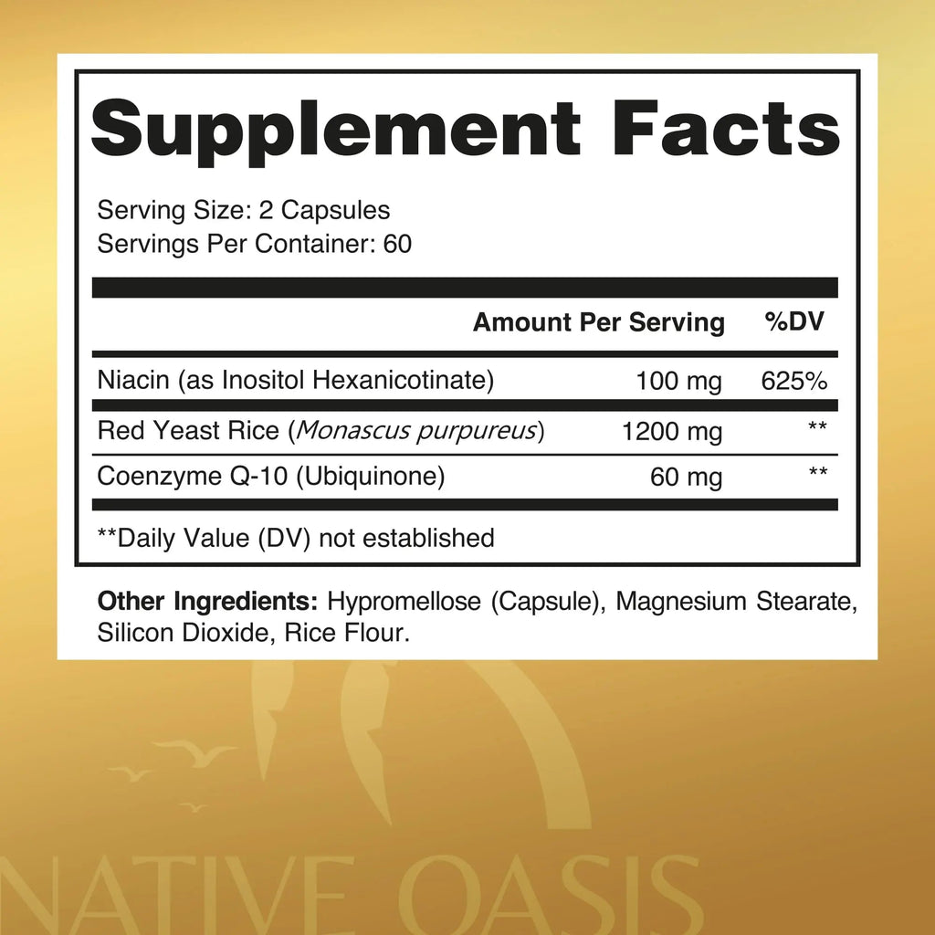 Native Oasis (2 Bottles) Red Yeast Rice 1,200 mg. Capsules Made with CoQ10 and Flush Native Oasis Au supplements