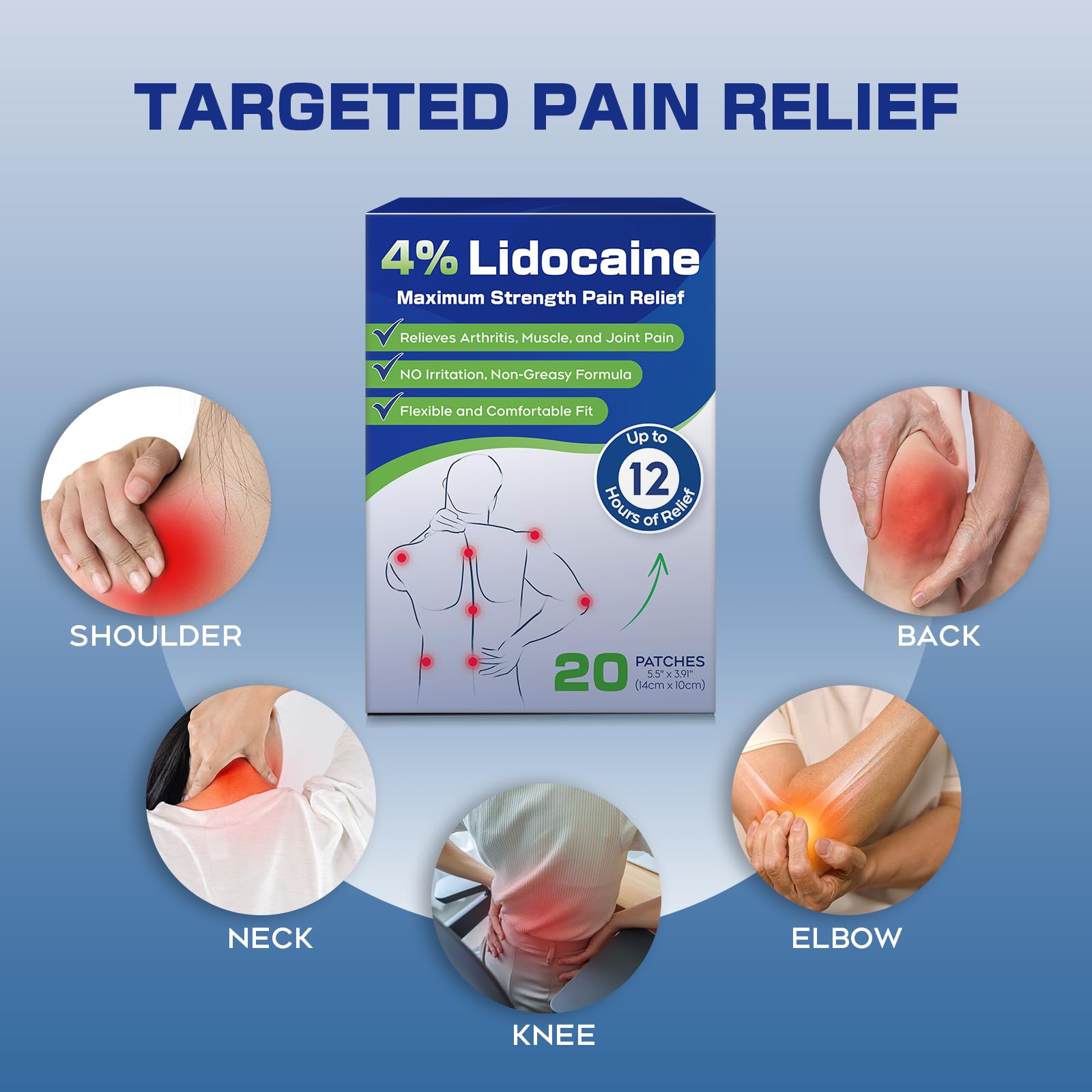 Uposiut 4% Lidocaine Patches - 20 Count Maximum Strength Lidocaine Patches, 10 Packs of 2 Patches for Muscle Pain Relief in The Neck, Shoulders, Back, Knees, and Anks, 12 Hour Pain Relief-012345 Uposiut Au supplements