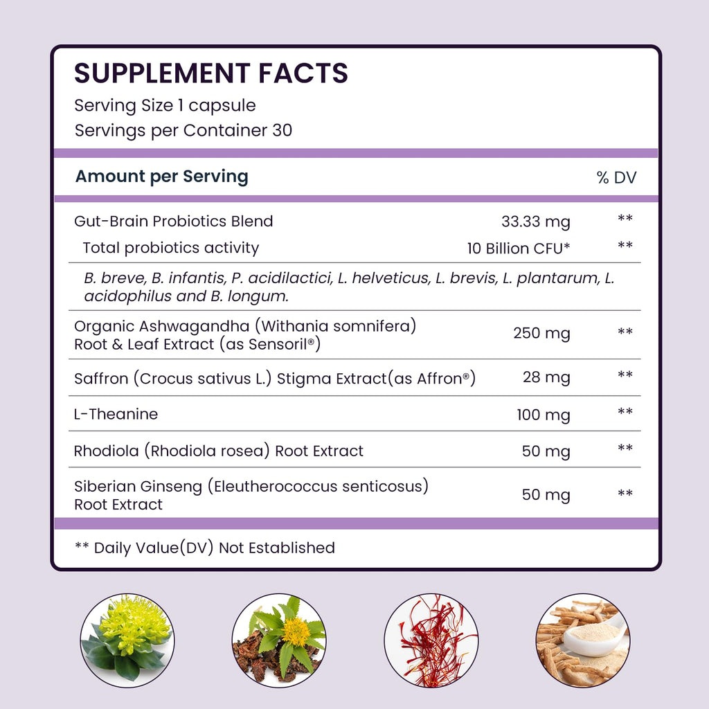 UpNourish Organic Ashwagandha Saffron Supplements with Probiotics - Stress Relief, Mood Enhancer, Calm Happy Pills Support Fatigue Focus Clarity with L-Theanine, Rhodiola, 30 Vegan Capsules UpNourish Au supplements