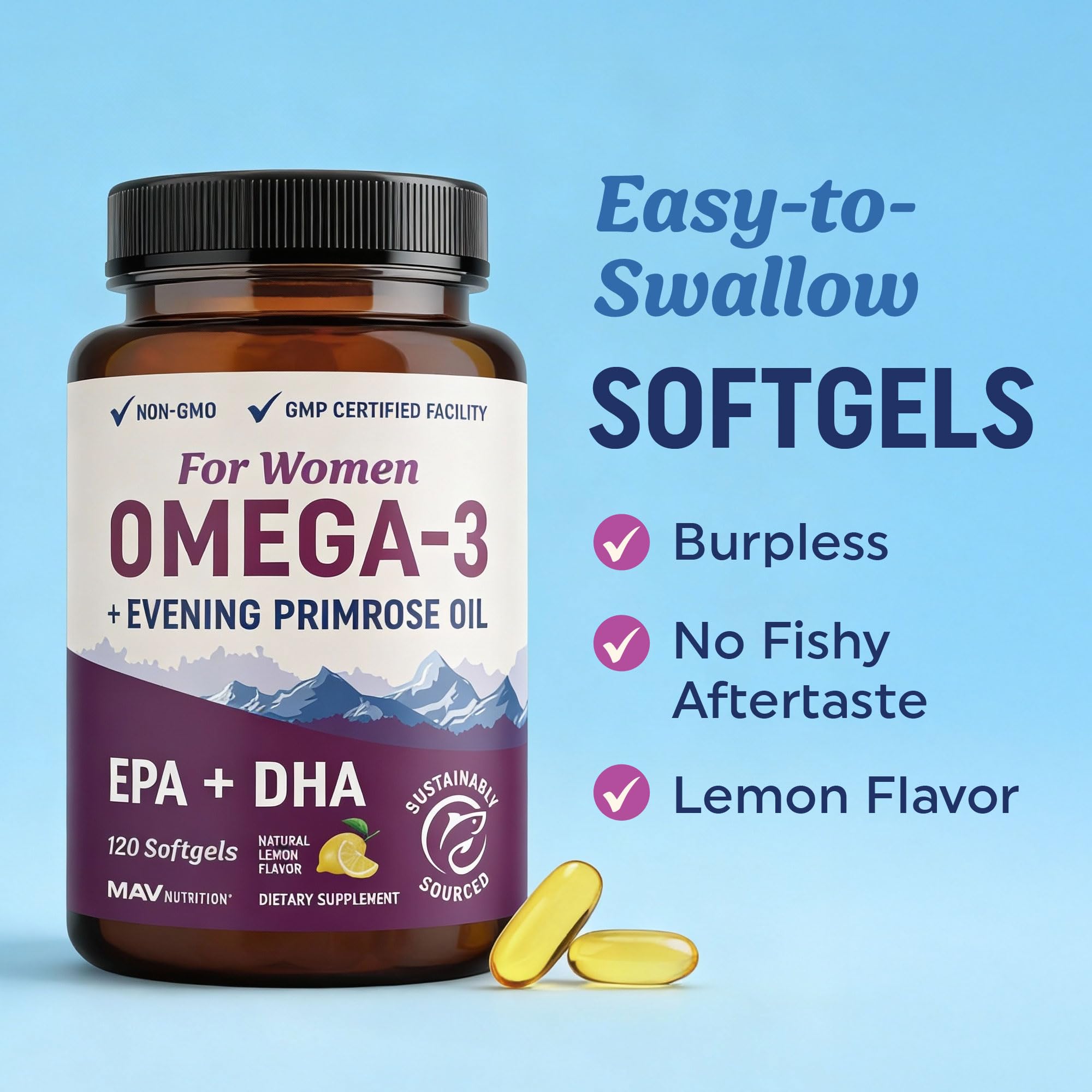 Fish Oil Omega 3 Supplements for Women | DHA + EPA | Heart Health, Hormone Balance, Skin & Wellness Support | 600MG Omega3 + 800MG Evening Primrose Oil