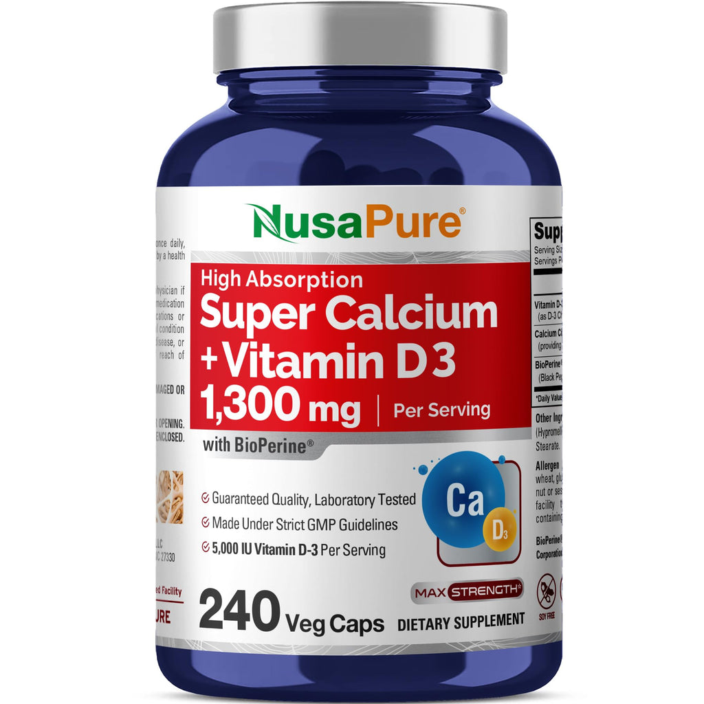 NusaPure Super Calcium with Vitamin D 3 & Calcium Citrate - Suitable for Vegetarian/Vegan, Non - GMO - 1300mg - 240 Capsules NusaPure Au supplements